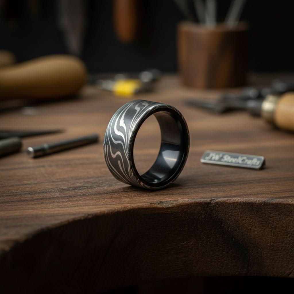 Palmarius Outdoors Flat Twist Damascus Wedding Band with Bold Wavy Pattern Ring