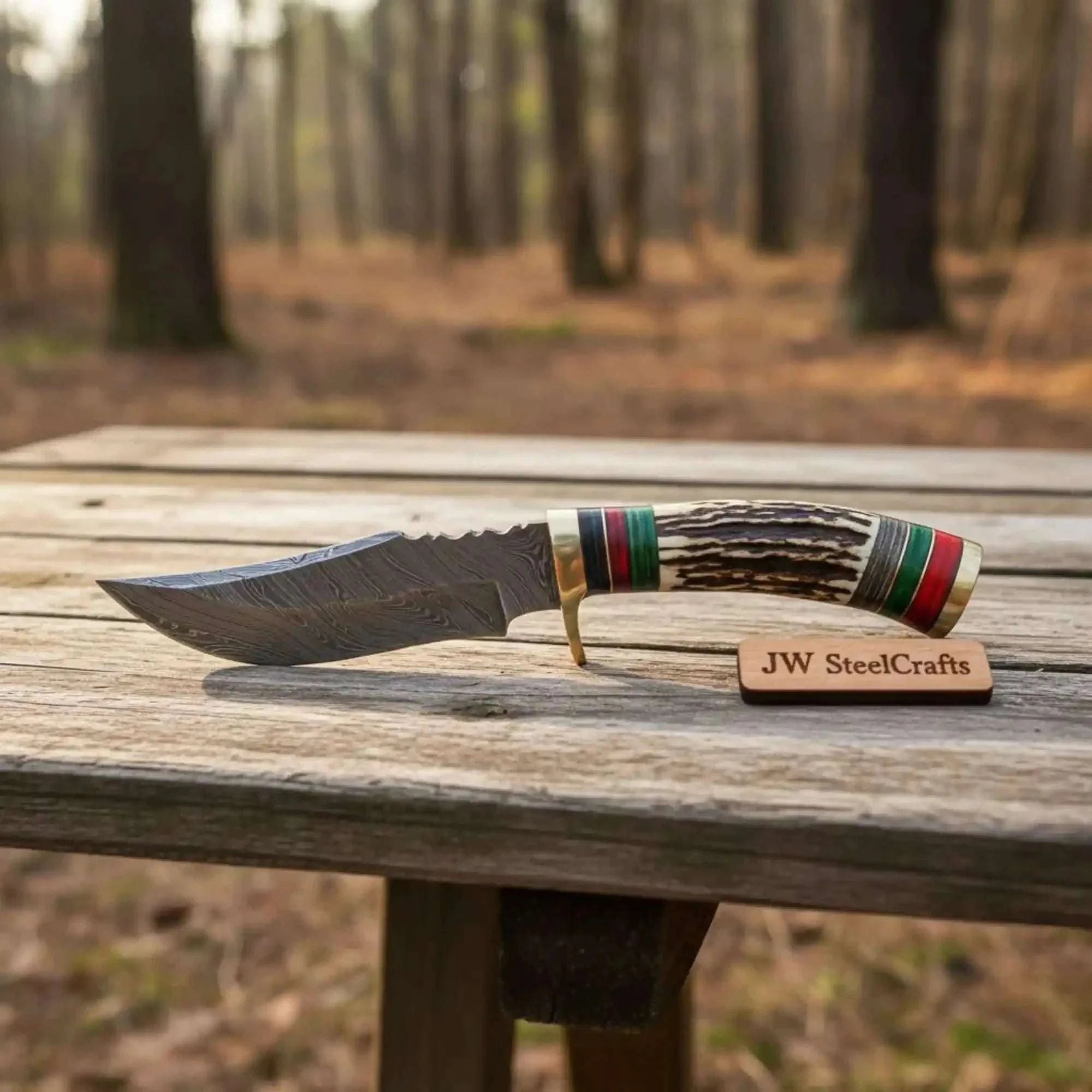 Palmarius Outdoors Damascus Steel Skinner Knife Deer Antler Handle Brass Guard Handmade Fixed Blade Hunting Knife Skinner Knife
