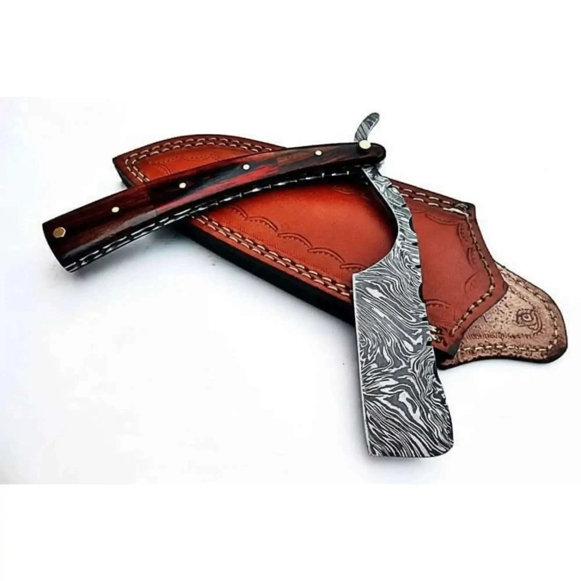 Palmarius Outdoors Damascus Steel Straight Barber Razor with Multicolor Wood Handle Damascus Straight Razors