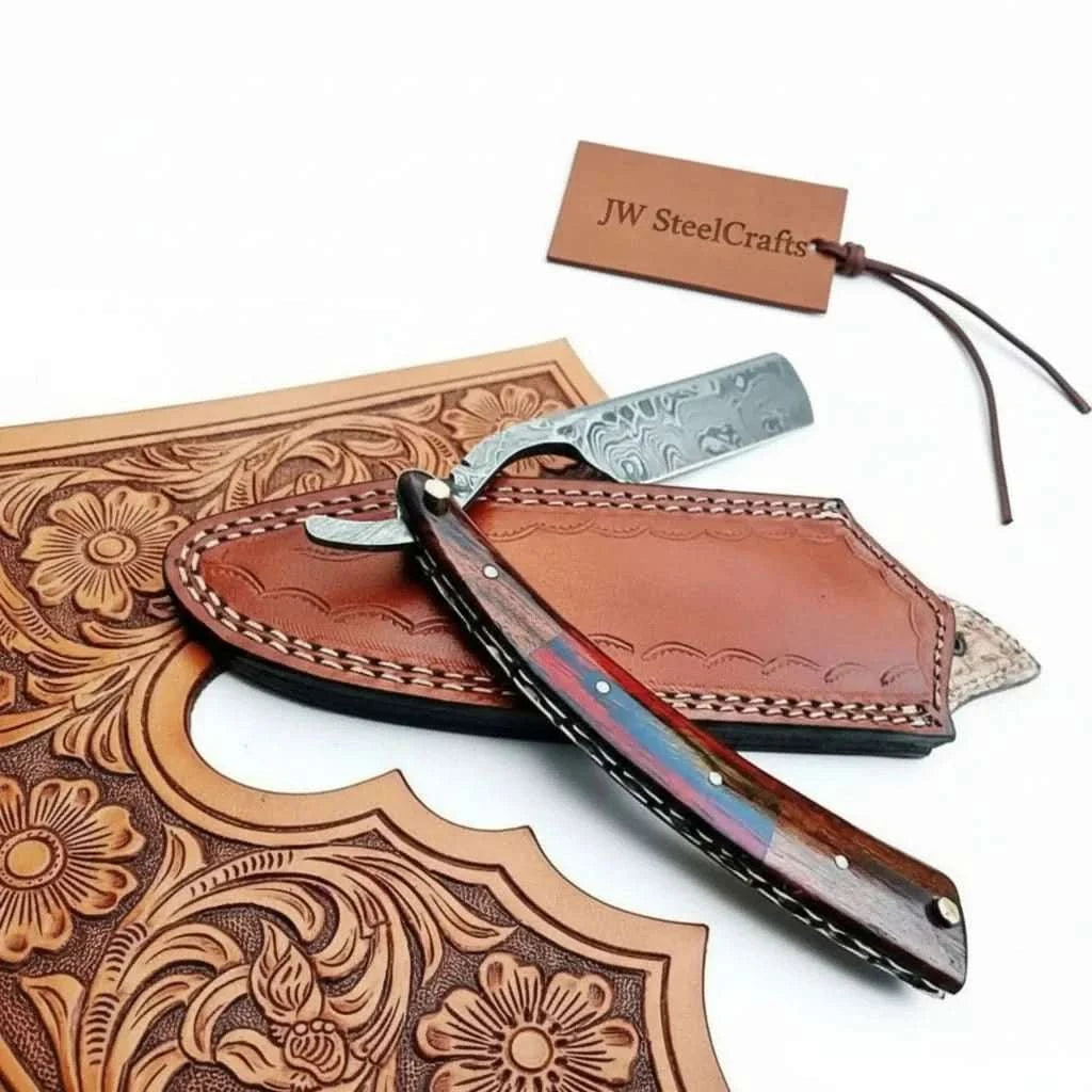 Palmarius Outdoors Damascus Steel Straight Barber Razor with Multicolor Wood Handle Damascus Straight Razors