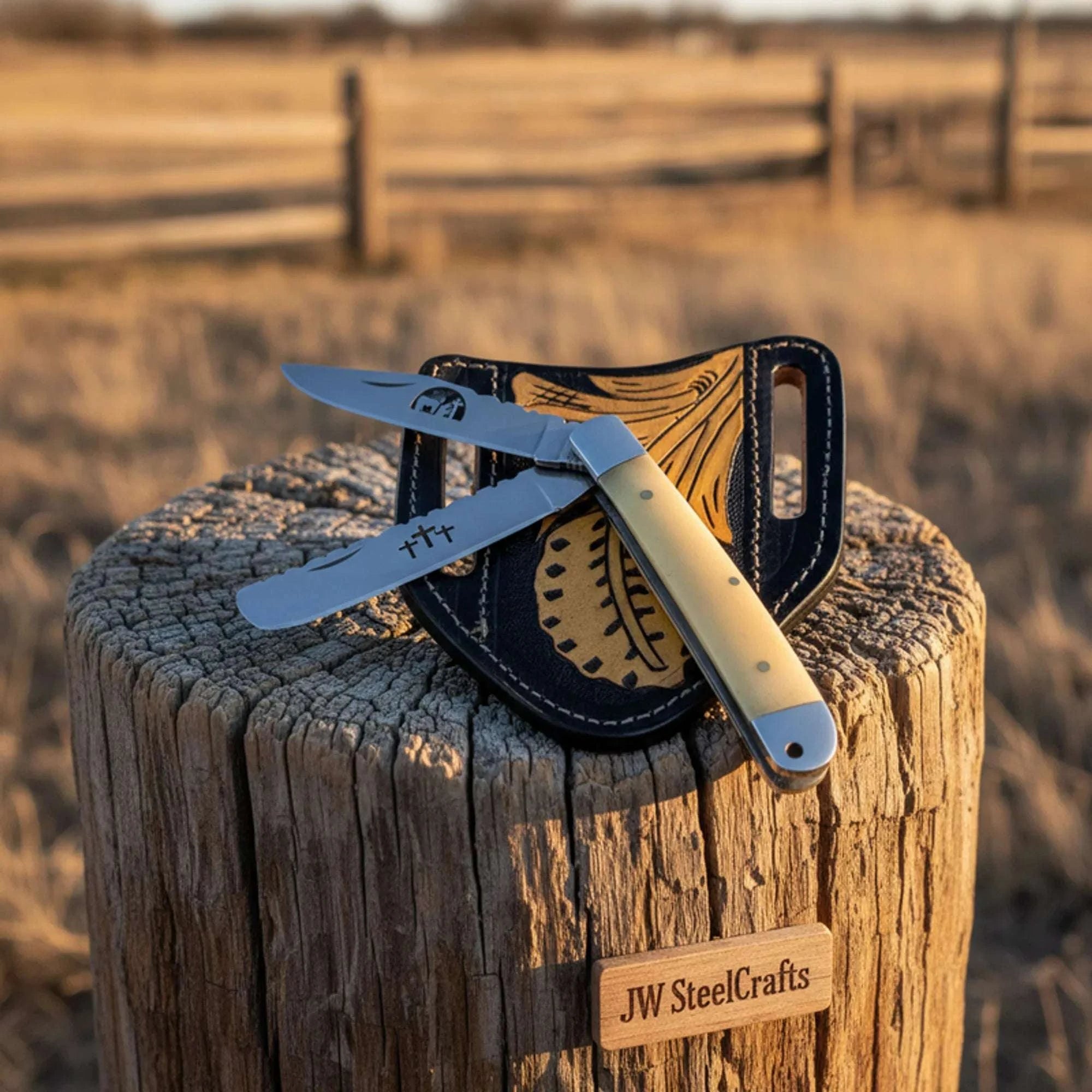 Palmarius Outdoors Damascus Steel Trapper Folding Knife 2 Blade Camel Bone Handle Christian Cross Engraved