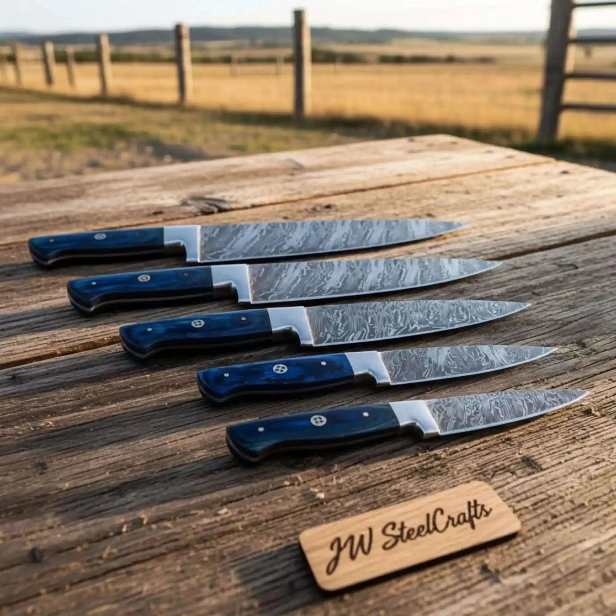 Palmarius Outdoors 5 Piece Damascus Sujihiki Slicing Knife Set – Fire Pattern Steel, Blue Pakka Wood Handles, Full Tang Roast Carvers Handmade Chef Knife Sets