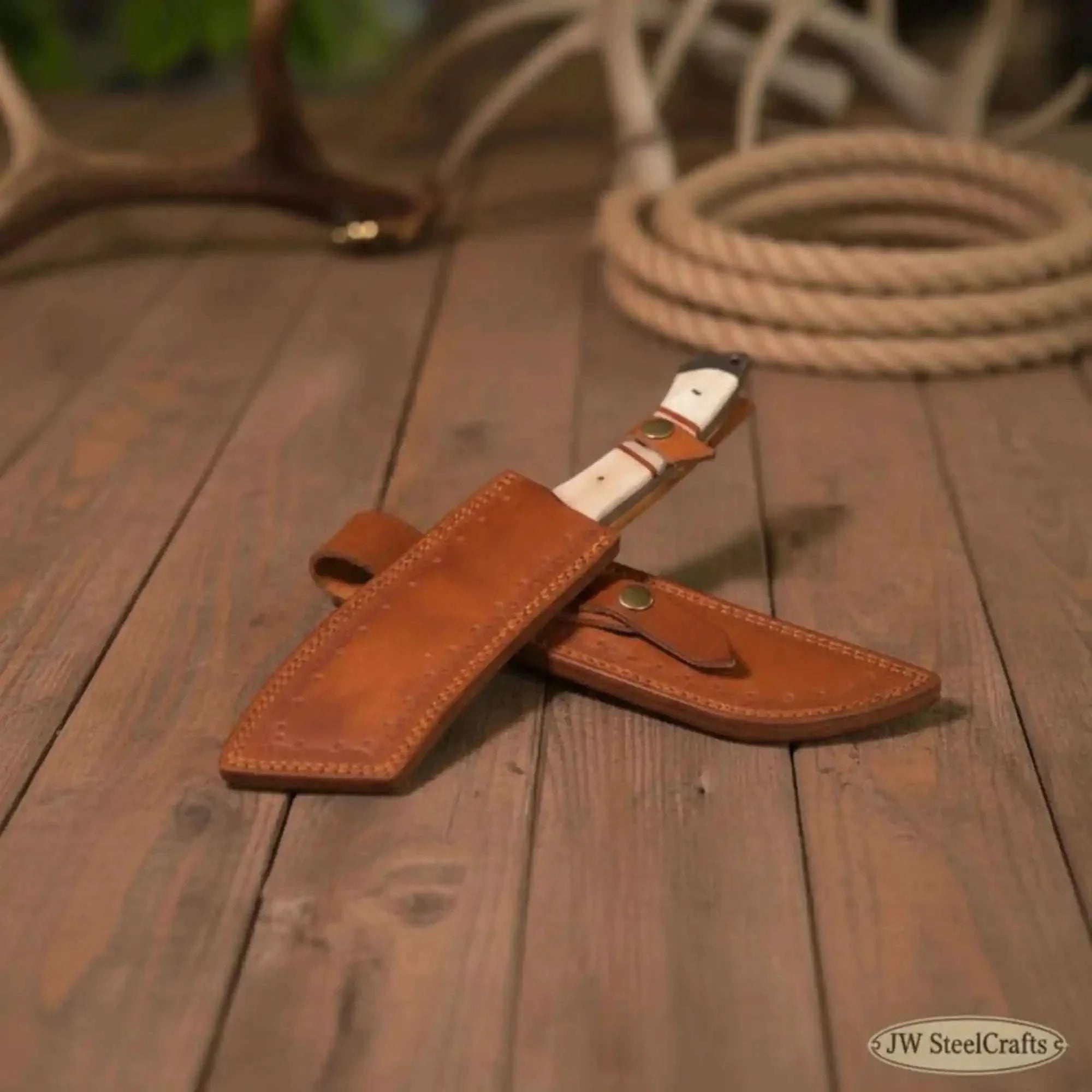 Palmarius Outdoors Damascus Tanto Trailing Point Hunting Knife Bone Handle 12 Inch Handmade Leather Sheath Tanto Knife