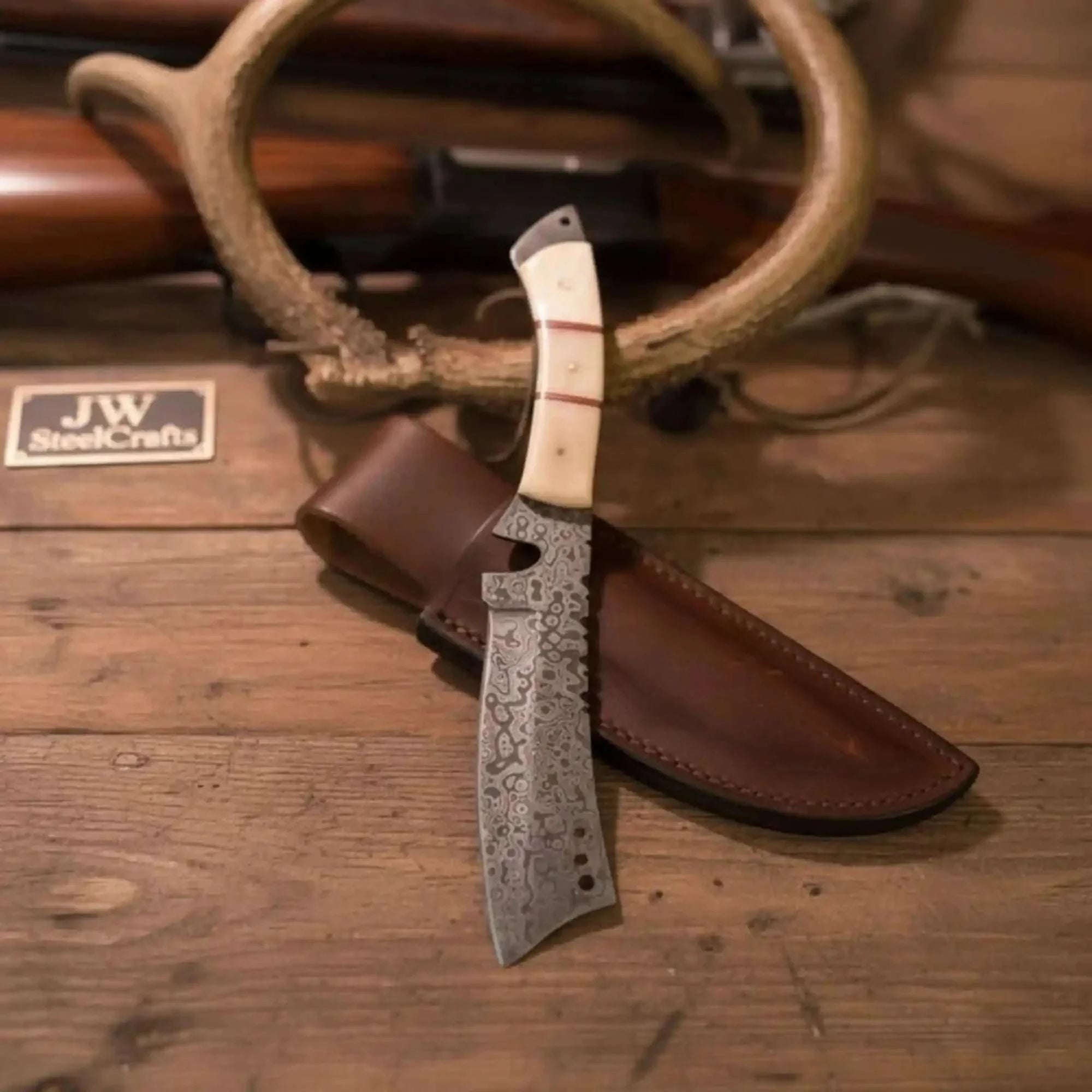 Palmarius Outdoors Damascus Tanto Trailing Point Hunting Knife Bone Handle 12 Inch Handmade Leather Sheath Tanto Knife