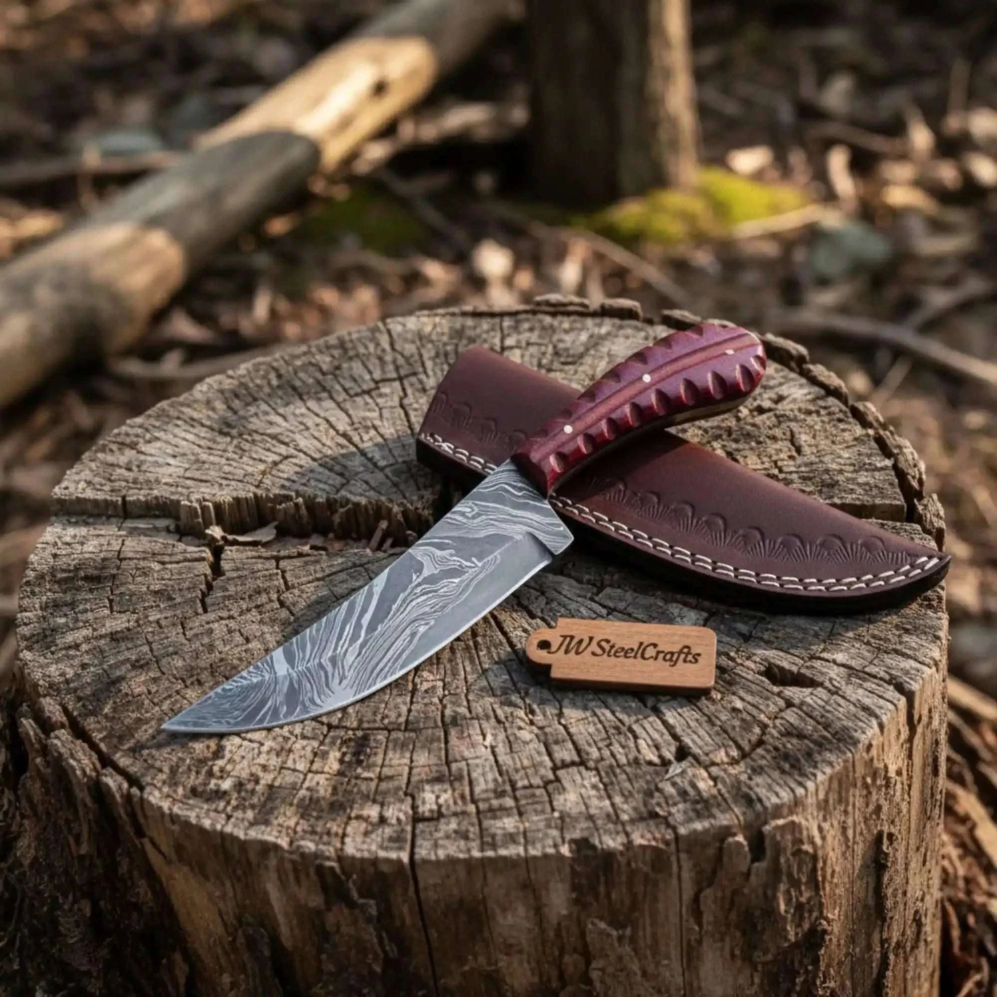 Palmarius Outdoors Damascus Trailing Point Skinner Knife with Red Wood Handle – 9 Inch Overall Skinner Knife