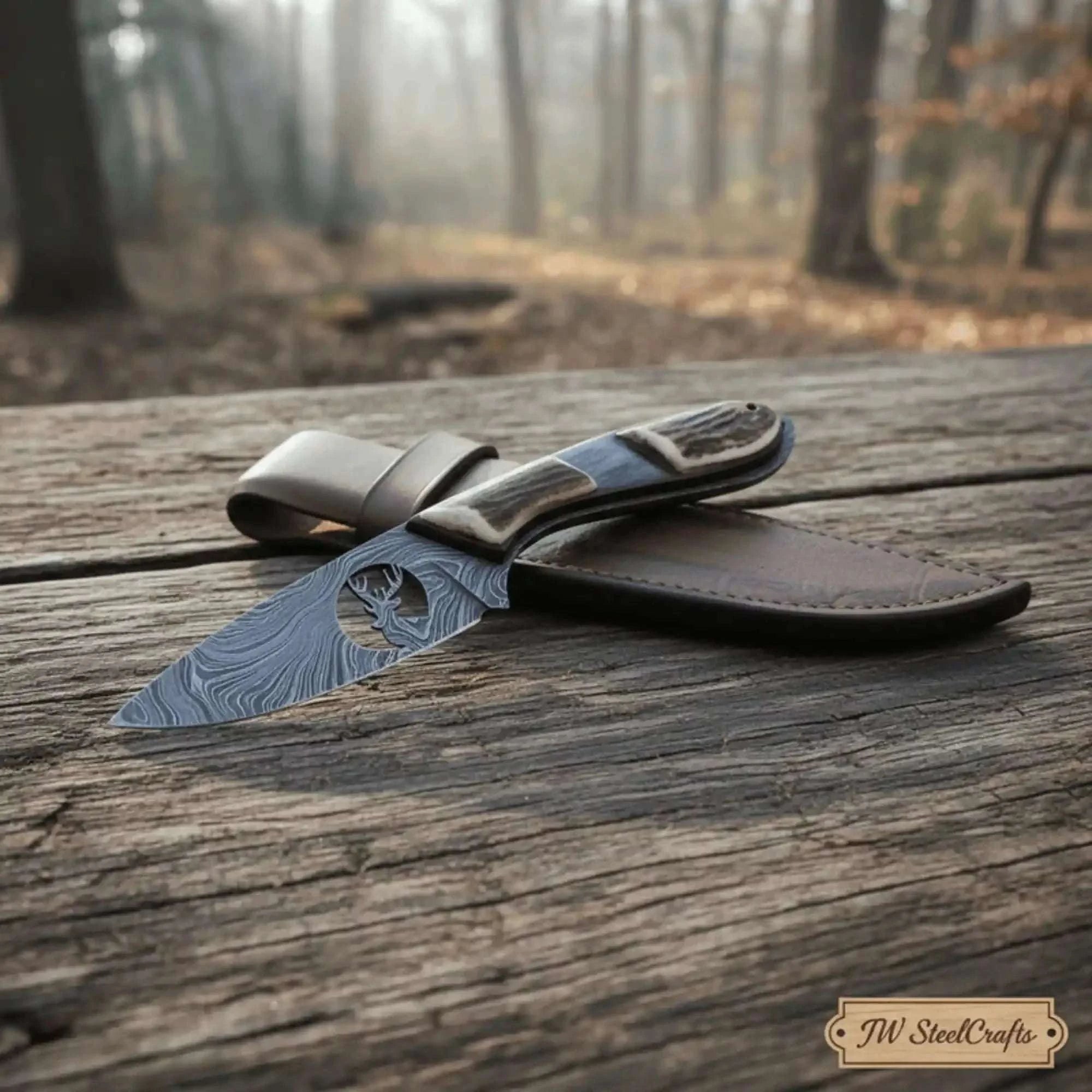 Palmarius Outdoors Damascus Skinner Knife Stag Handle 6.5” Fixed Blade Skinner Knife