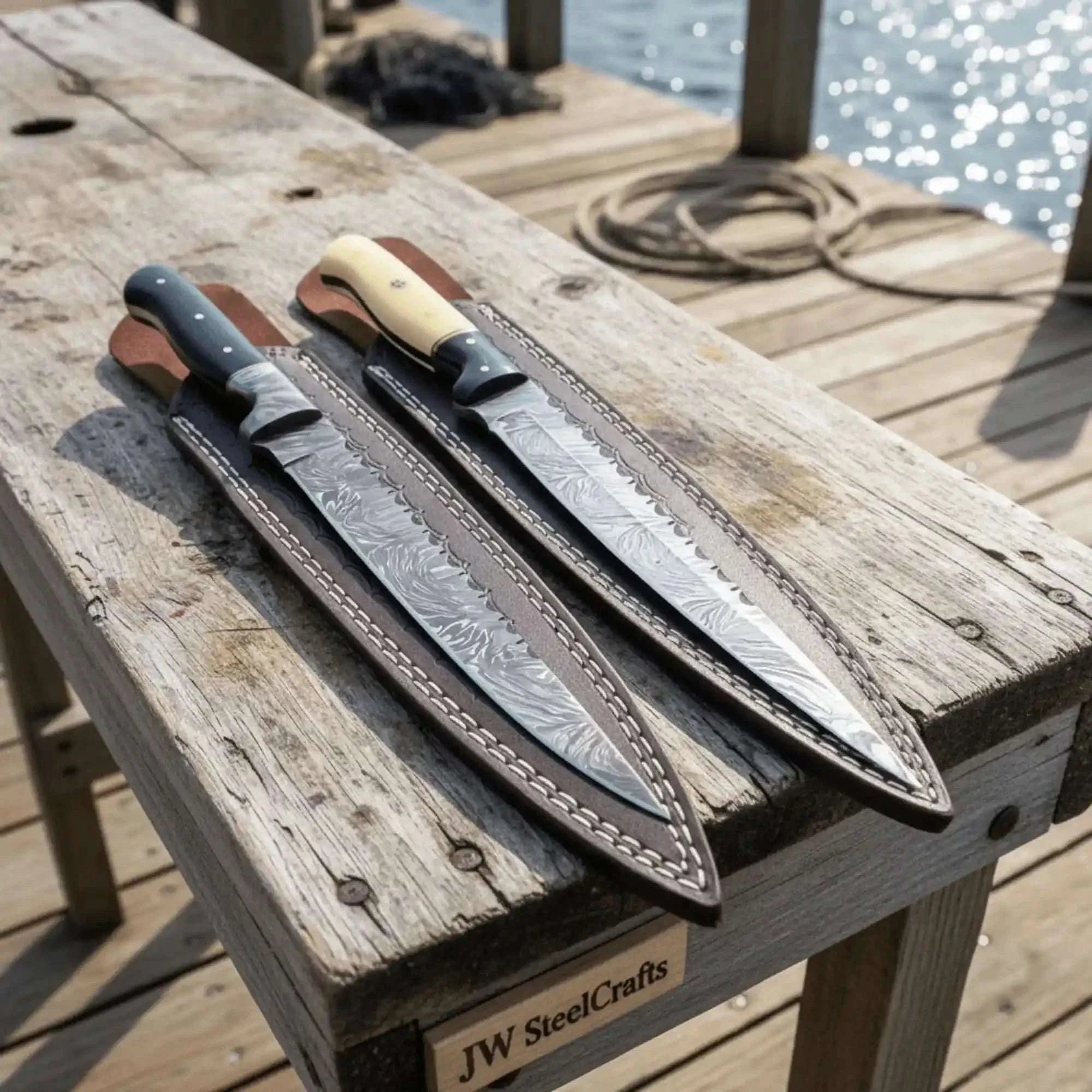 Palmarius Outdoors 12-Inch Damascus Steel Fillet Knife Set of 2 with Resin Handles & Leather Sheaths Handmade Fillet Knives