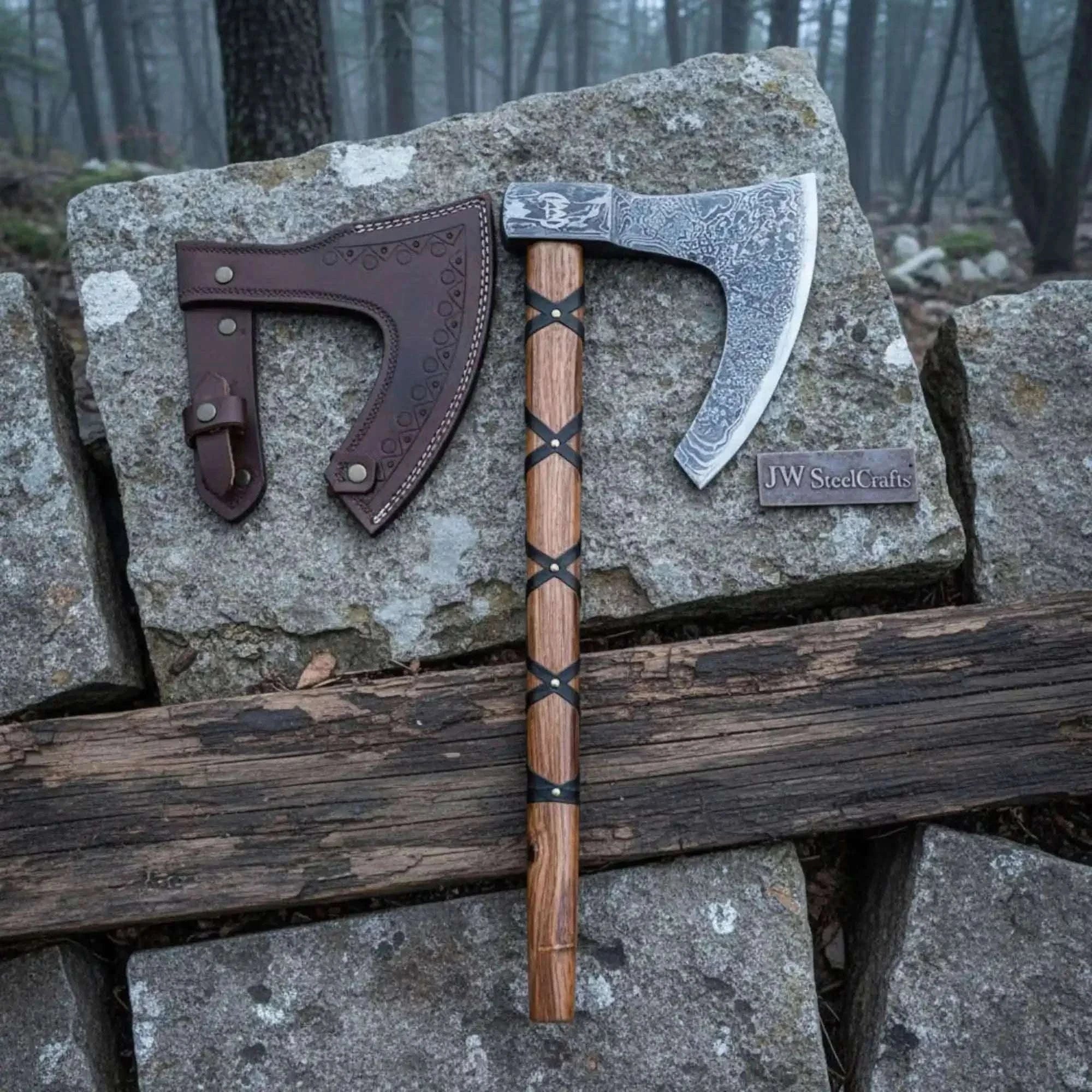 Palmarius Outdoors Handmade Damascus Skeggøx Bearded Axe with Leather Wrap and Sheath Handmade Axe