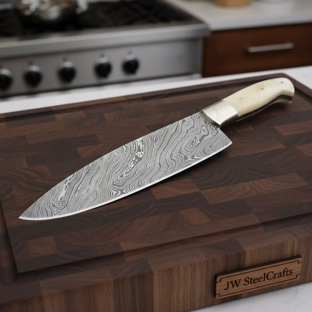 Palmarius Outdoors Gyuto Knife, Handmade Damascus Steel Blade, White Bone Handle with Steel Bolster, Full Tang Japanese Chef Knife, JW SteelCrafts Damascus Steel Chef Knives