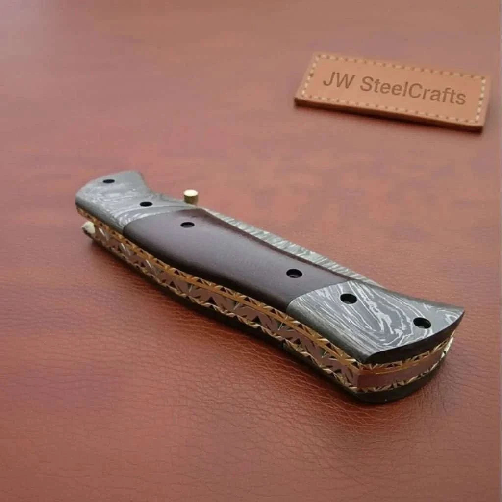 Palmarius Outdoors Handmade Damascus Steel Folding Knife – Matte Black Handle with Brass Liner & Thumb Stud | JW SteelCrafts Liner Lock Folder