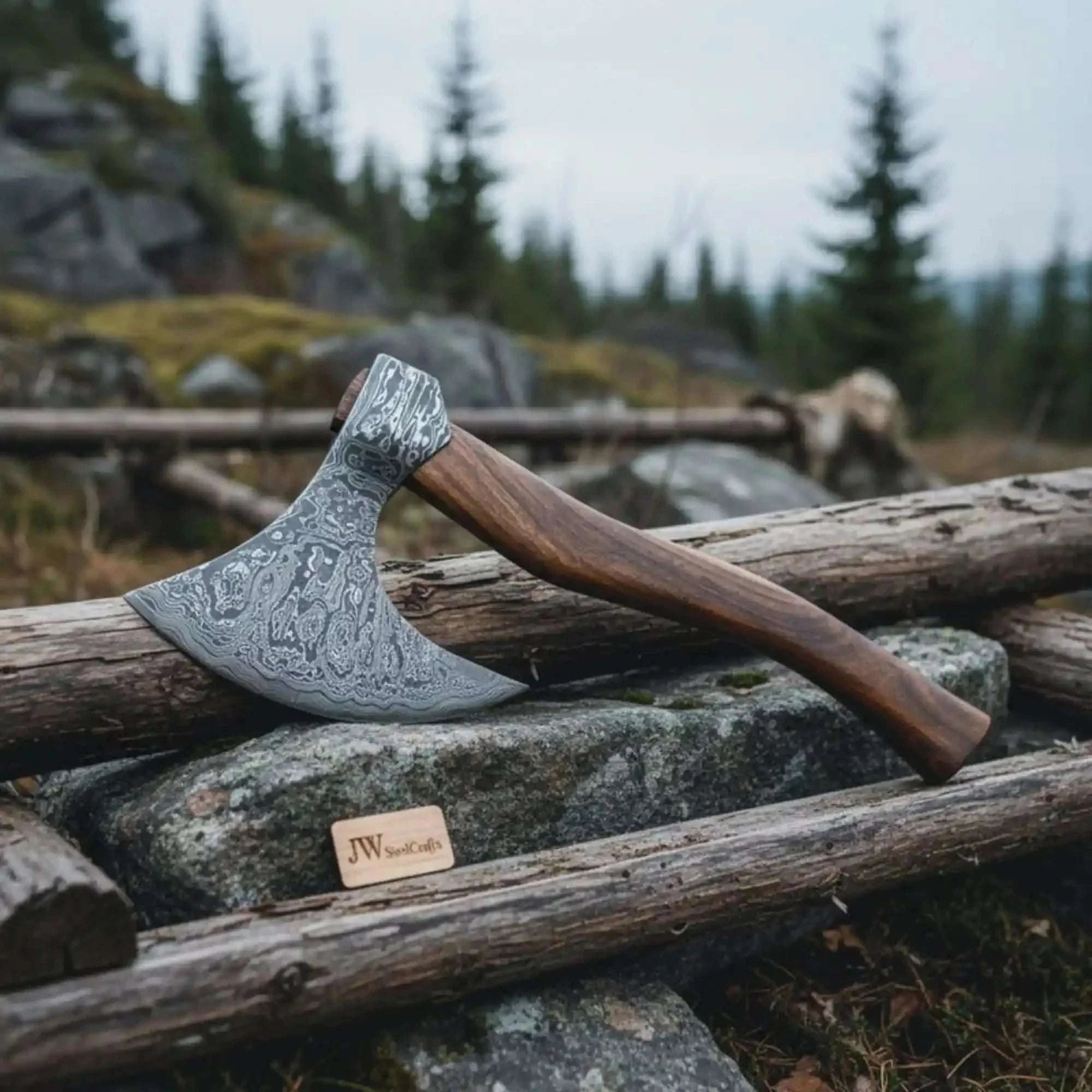 Palmarius Outdoors Damascus Dane Axe with Long Haft and Bearded Head Handmade Axe