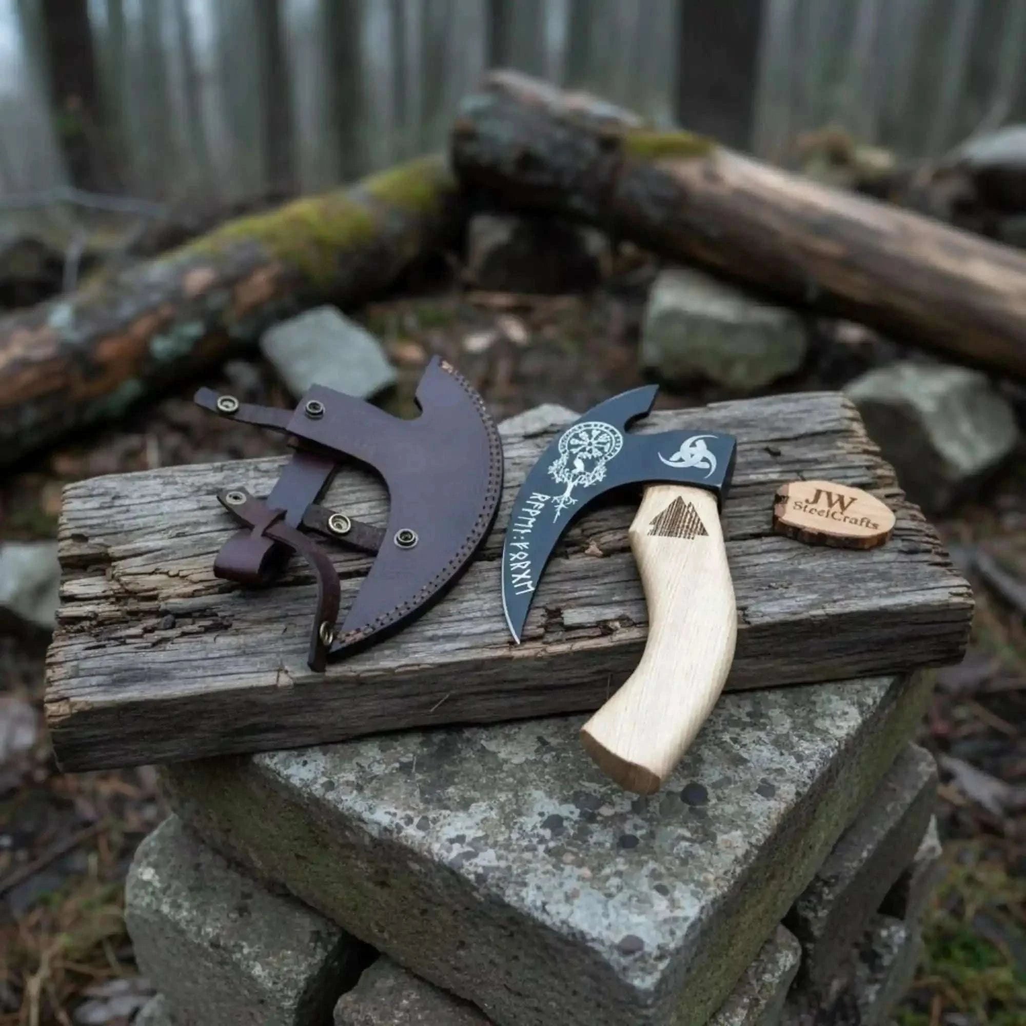 Palmarius Outdoors Viking Rune Engraved Bearded Axe Pizza Cutter — Carbon Steel Blade, Ash Wood Handle Pizza Cutter