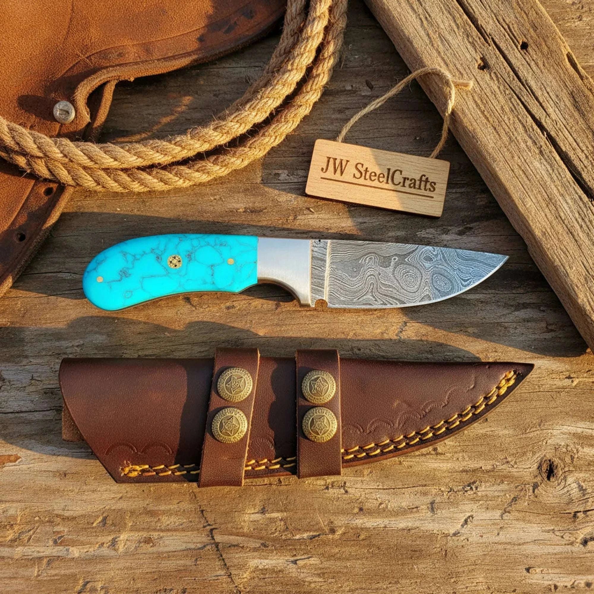 Palmarius Outdoors Damascus Turquoise Skinner Knife – Handmade Fixed Blade