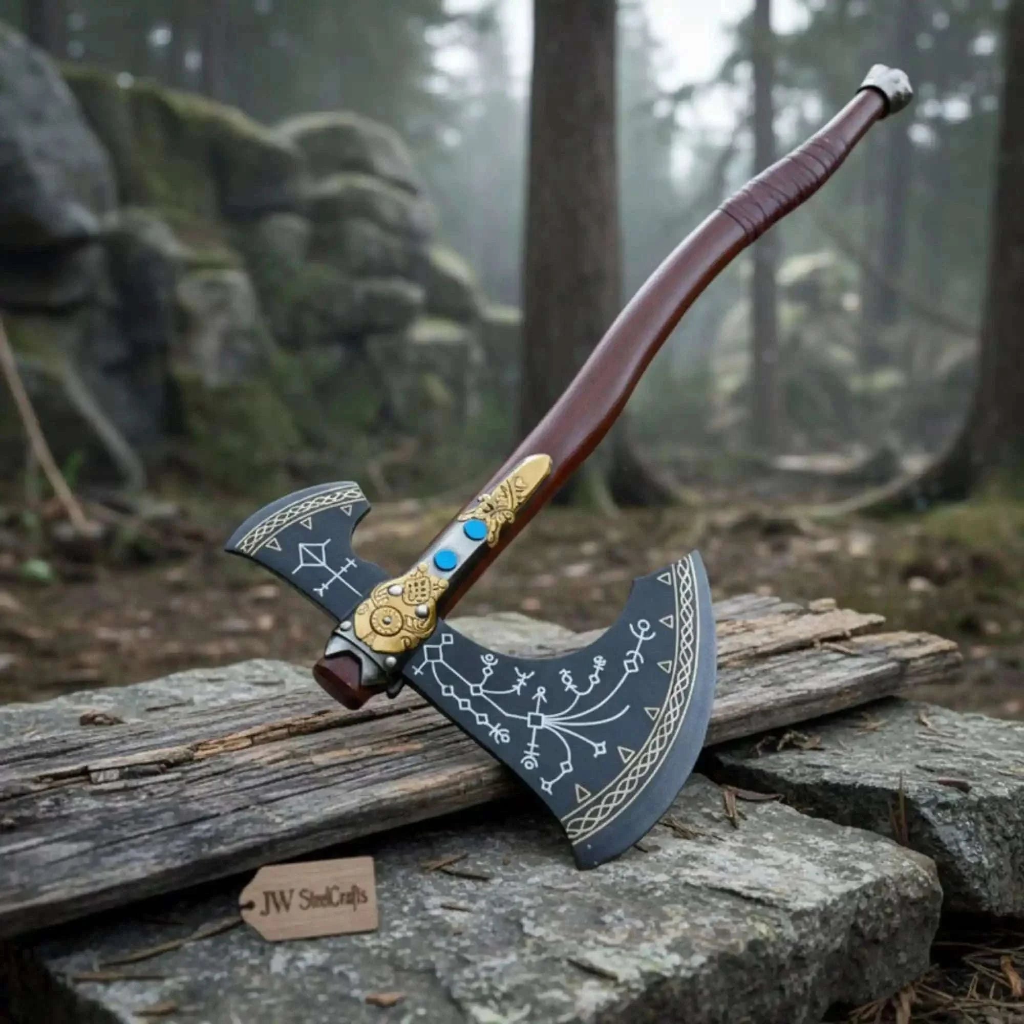 Palmarius Outdoors Hand Forged Viking Fantasy Double-Bit Axe with Norse Engraving, Gold Handle Fittings and Blue Gemstone Inlays Handmade Axe