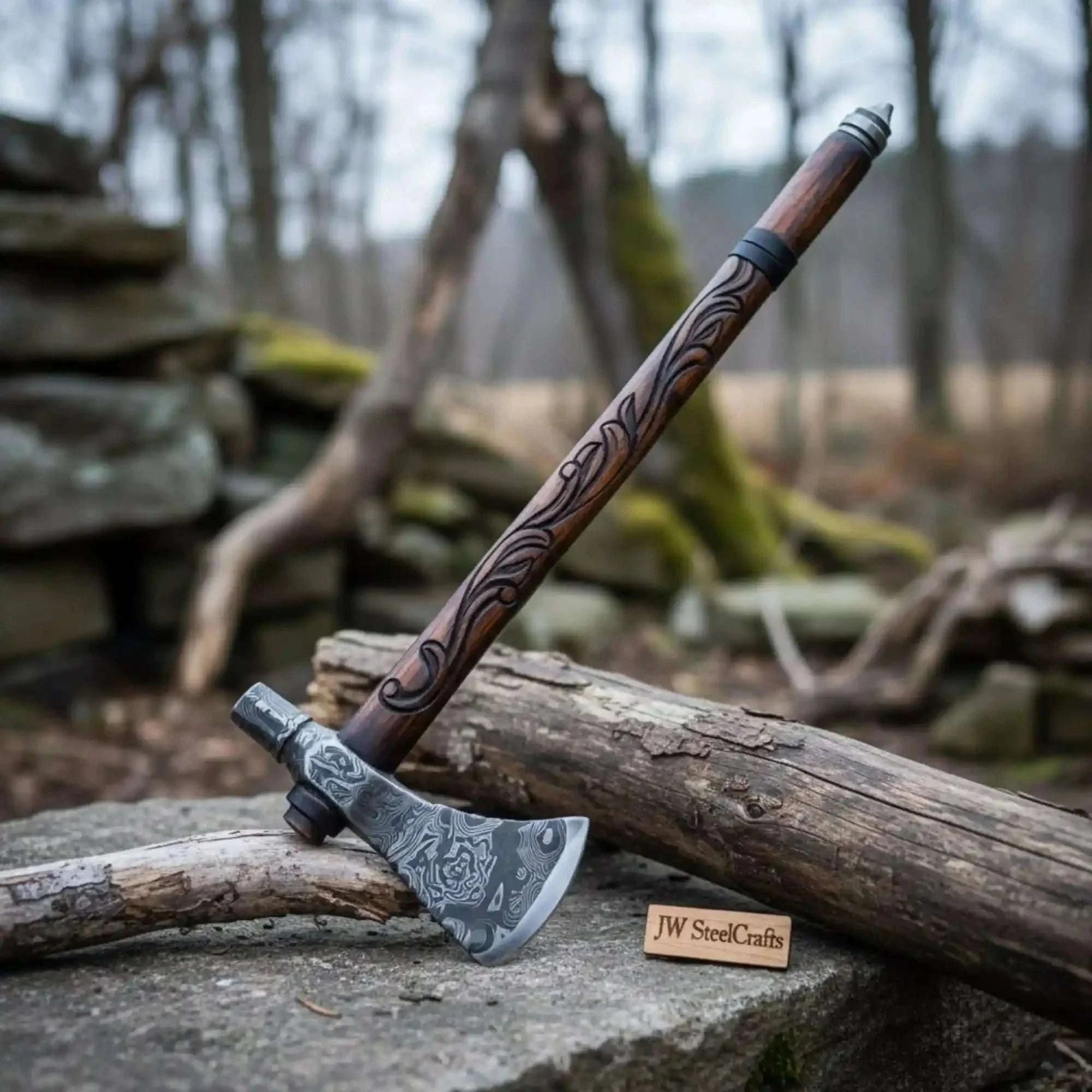 Palmarius Outdoors Custom Hand Forged Damascus Steel Smoking Axe – Functional Pipe Axe with Carved Hardwood Shaft Handmade Axe