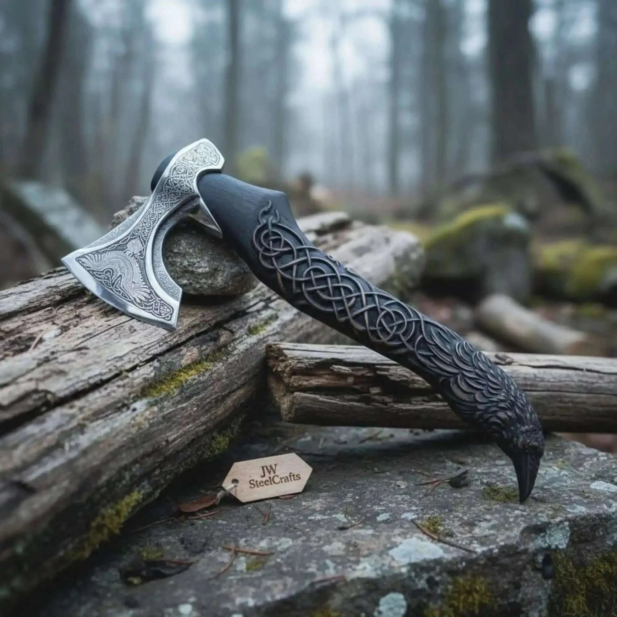 Palmarius Outdoors Handcrafted Viking-Style Bearded Axe with Engraved Steel Head and Carved Hardwood Handle Handmade Axe