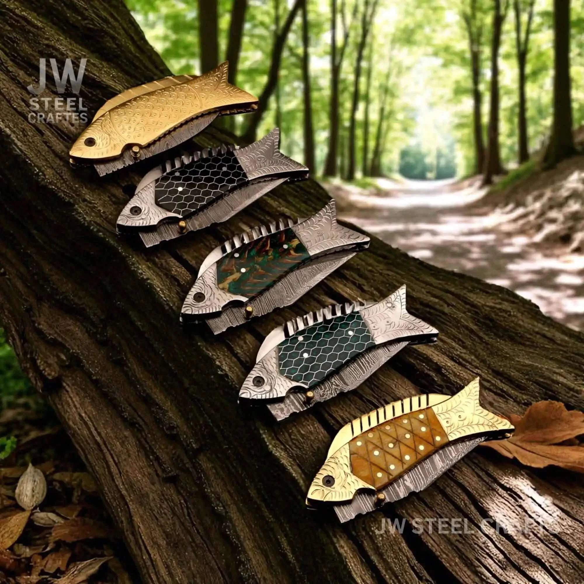 Palmarius Outdoors Damascus Fish Folding Knife Set with Hand-Engraved Fish Handles Liner Lock Folder