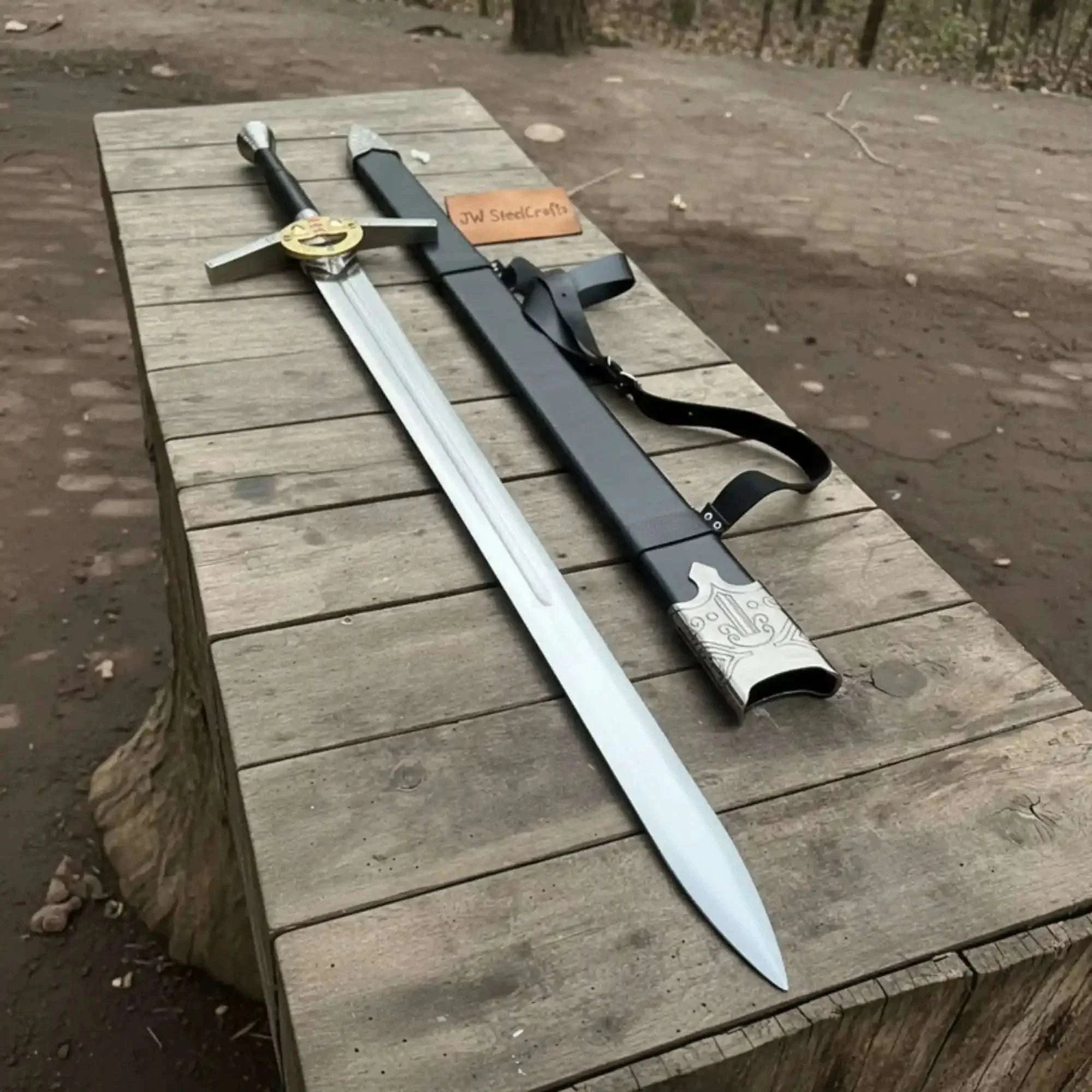 Palmarius Outdoors King's Oath Fantasy Longsword Replica Gold Guard, Gemstone Inlays & Leather Scabbard