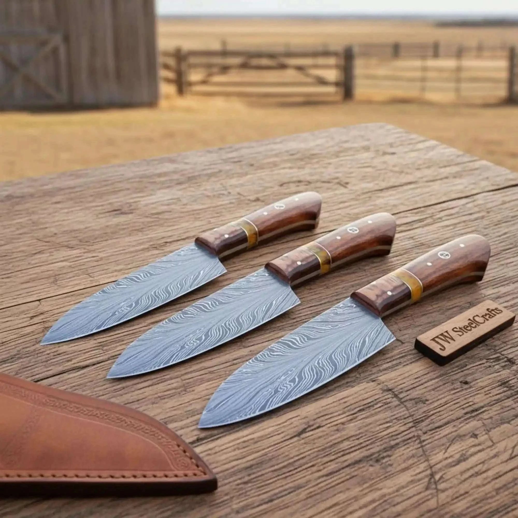 Palmarius Outdoors 3-Piece Feather Pattern Damascus Knife Set with Rosewood Pakka Wood Handles Handmade Chef Knife Sets