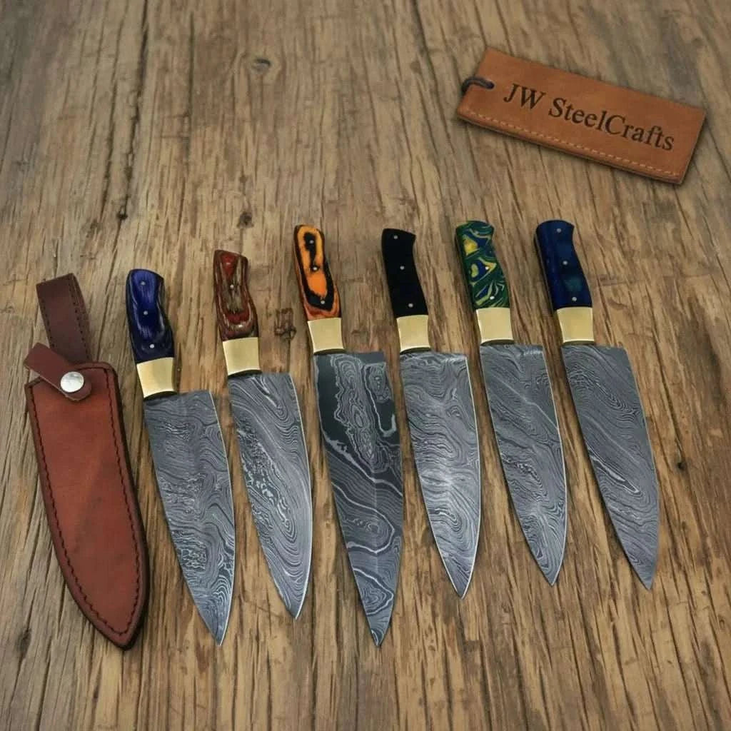 Palmarius Outdoors 6-Piece Handmade Damascus Kitchen Knife Set – Mixed Resin Handles & Brass Bolsters | 13-Inch Blades | Leather Sheaths & Engraving Available Chef Knife