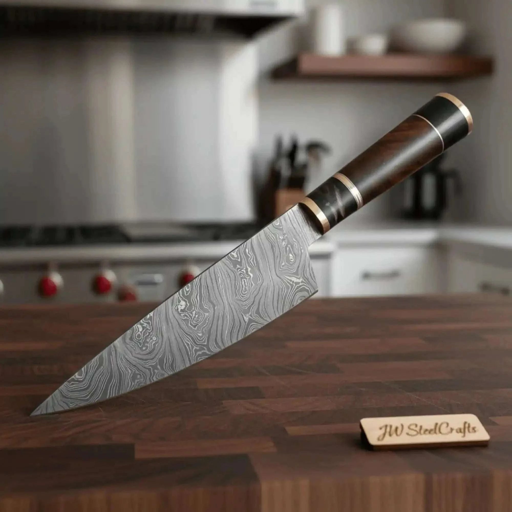 Palmarius Outdoors JW SteelCrafts Kiritsuke Butcher Slicer, Hand-forged Damascus, Brass-Capped Hardwood Handle Chef Knife