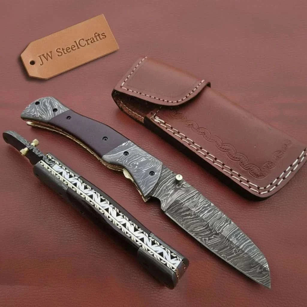 Palmarius Outdoors Handmade Damascus Steel Folding Knife – Matte Black Handle with Brass Liner & Thumb Stud | JW SteelCrafts Liner Lock Folder