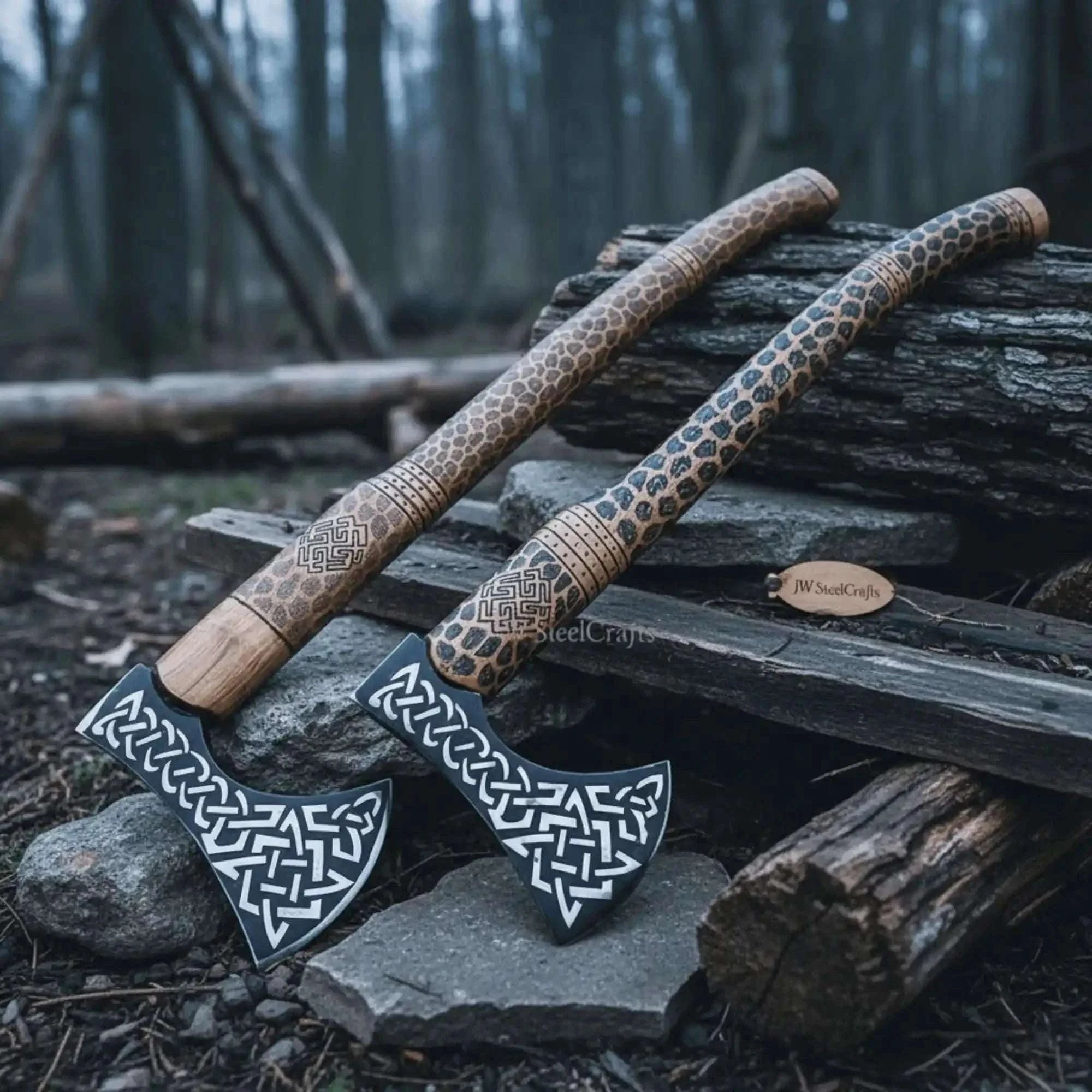 Palmarius Outdoors Engraved Viking Throwing Axe Set, Pair of Norse Knotwork Hatchets with Carved Hardwood Handles | JW SteelCrafts Handmade Axe