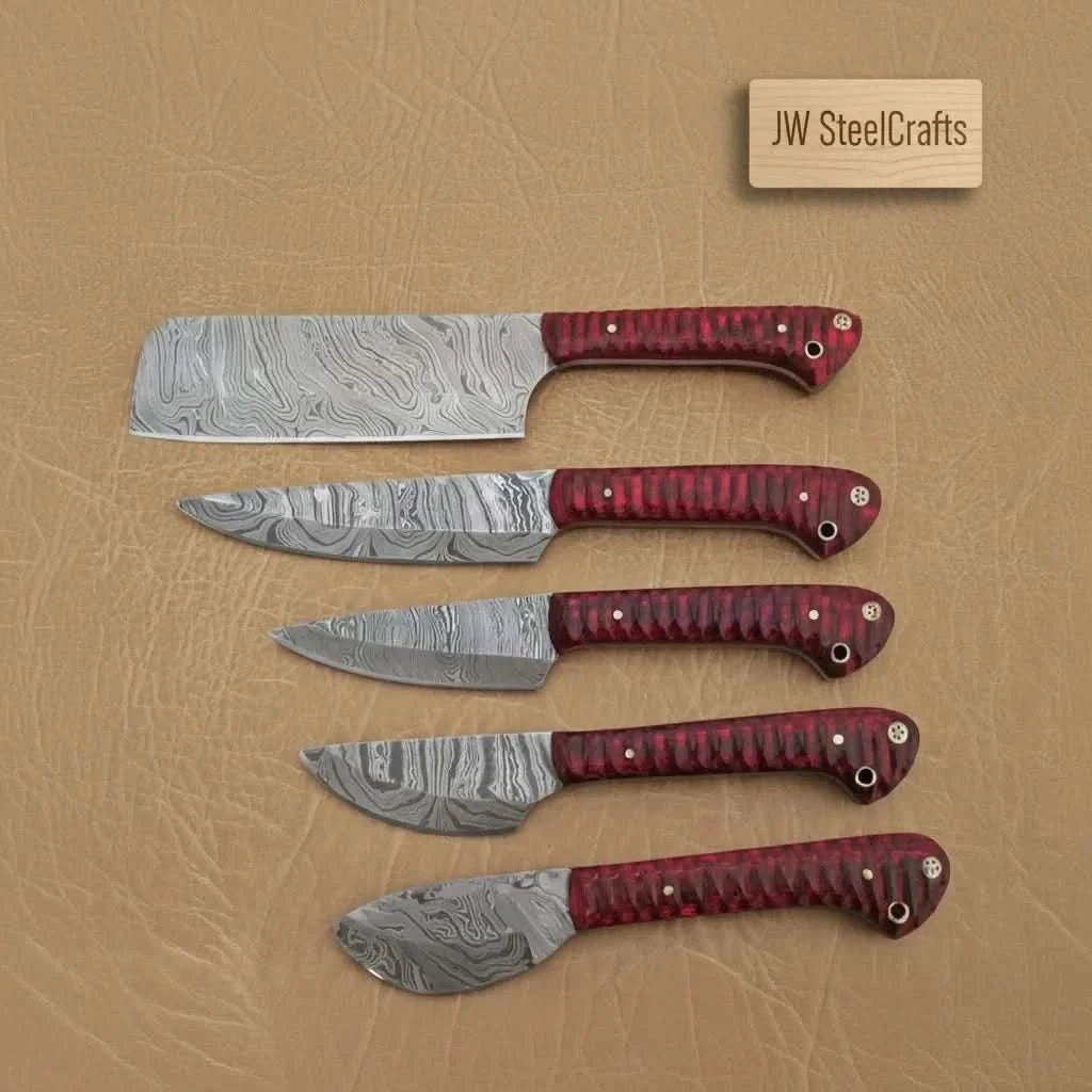 Palmarius Outdoors 6-Piece Damascus Knife Set with Red Wood Handles and Brass Pins Handmade Chef Knife Sets