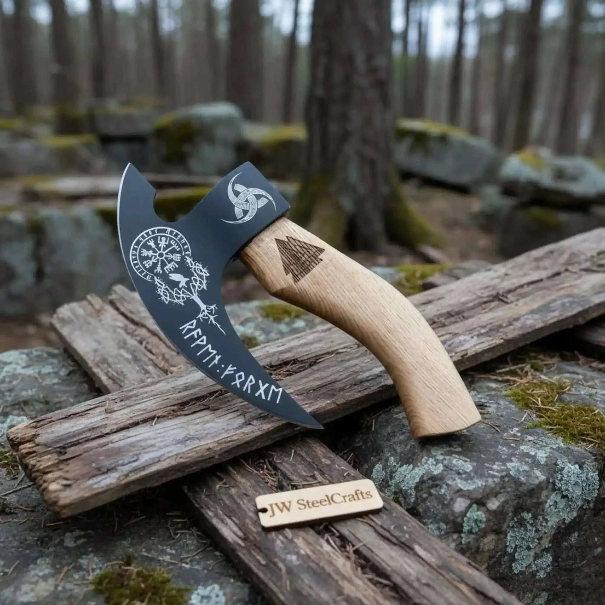 Palmarius Outdoors Viking Rune Engraved Bearded Axe Pizza Cutter — Carbon Steel Blade, Ash Wood Handle Pizza Cutter