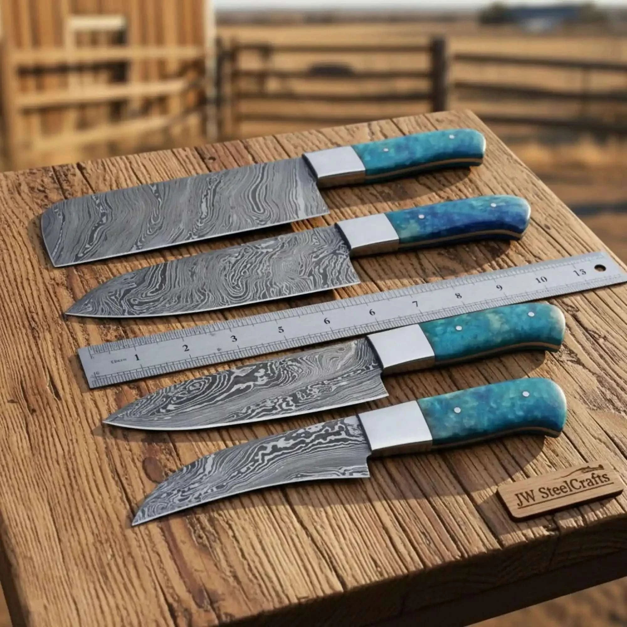 Palmarius Outdoors 5-Piece Twisted Damascus Kitchen Knife Set with Blue Resin Handle and Square Steel Bolster – JW SteelCrafts Nakiri Knife