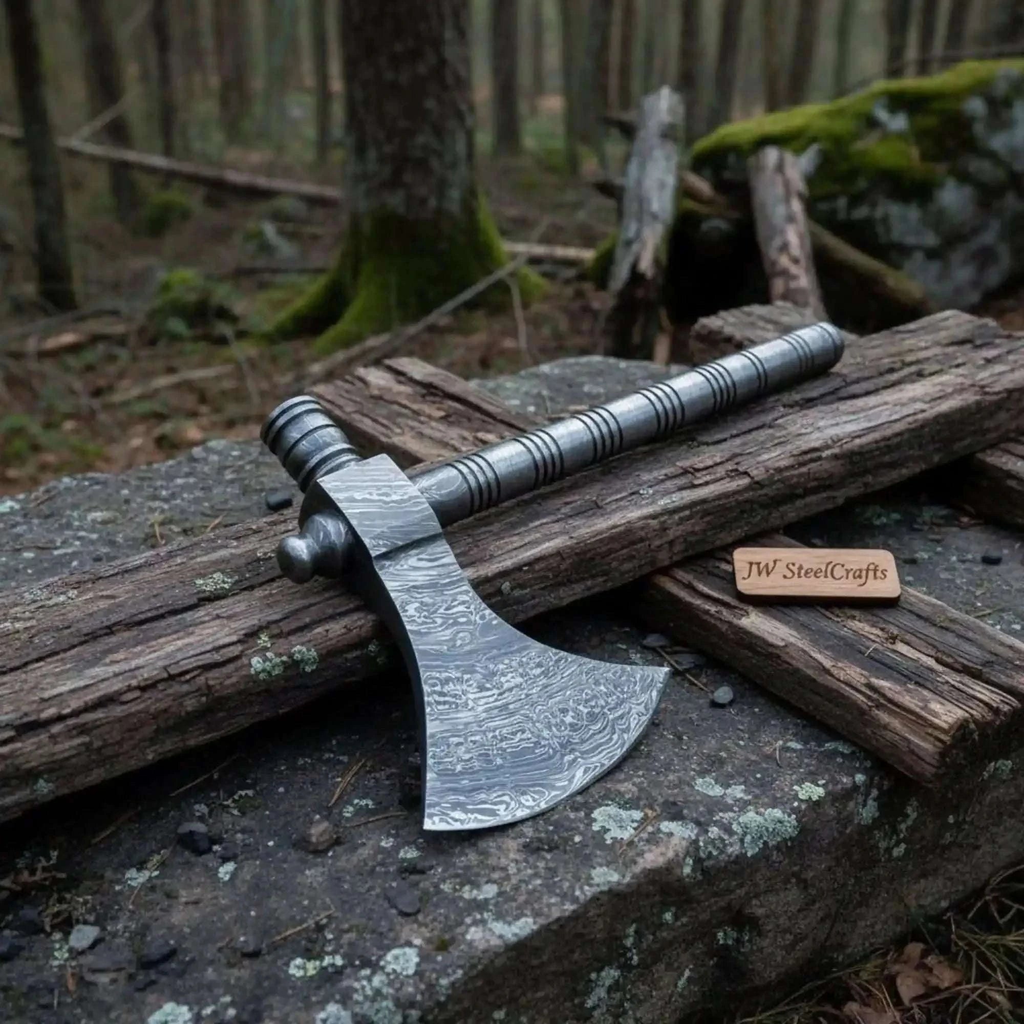 Palmarius Outdoors Damascus Steel Smoking Pipe Axe – Hand Forged Functional Pipe Tomahawk with Carved Hardwood Handle | JW SteelCrafts Handmade Axe