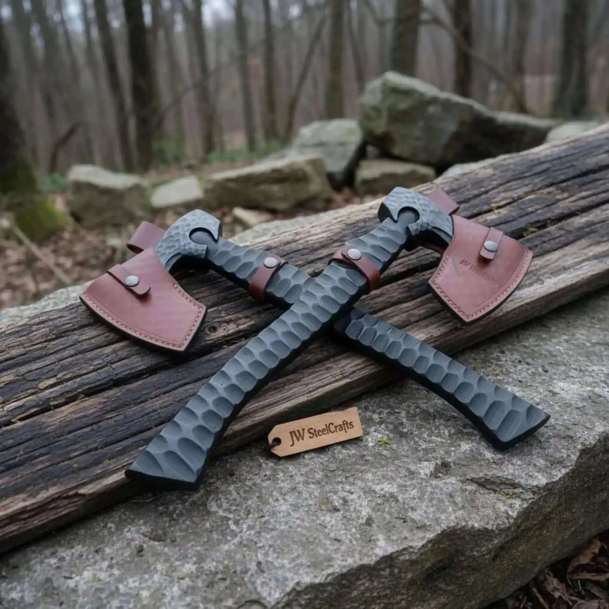 Palmarius Outdoors Forged Tool Axe Duo – Textured Steel Heads with Sculpted Hardwood Handles and Leather Sheaths Handmade Axe