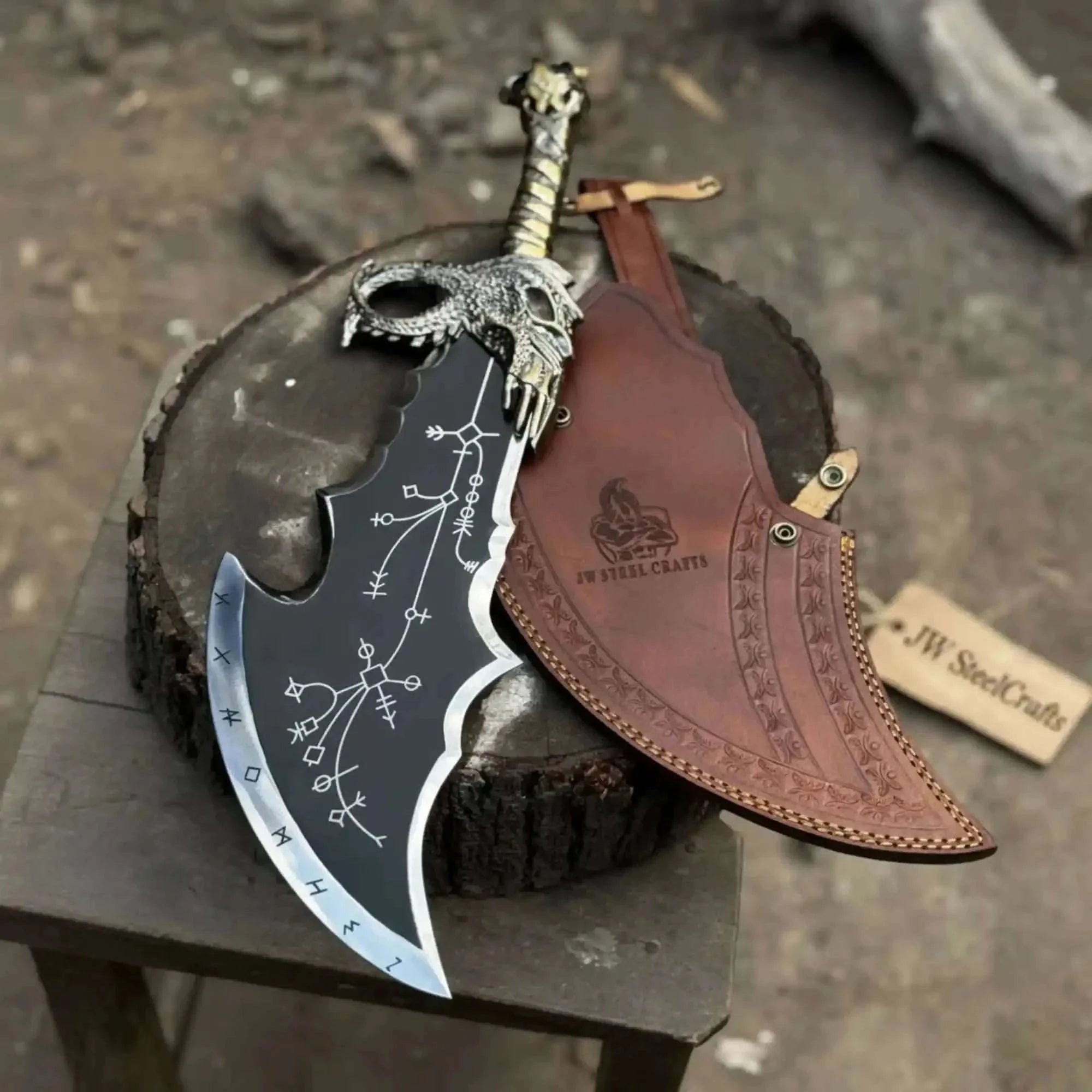Palmarius Outdoors Kratos Inspired Blades of Chaos 18-20 Inch Etched Fantasy Knife with Leather Sheath