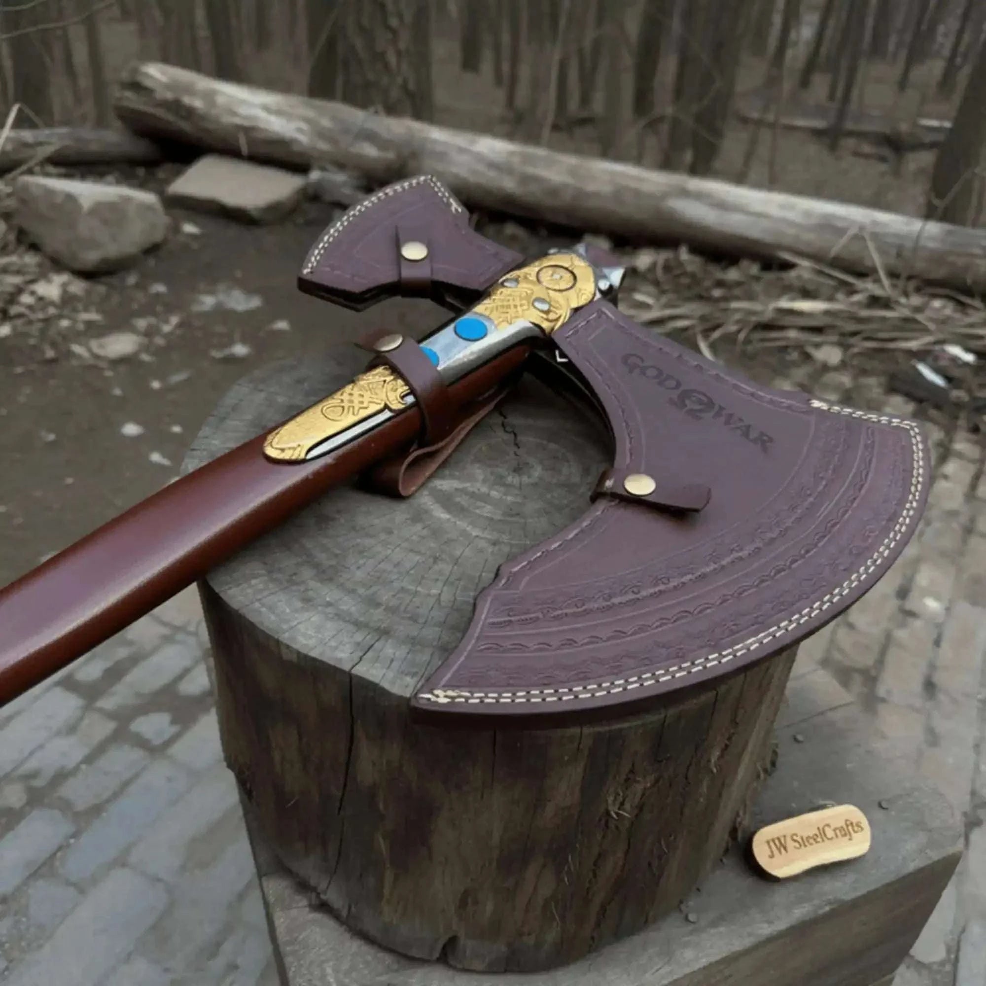 Palmarius Outdoors Hand Forged Viking Fantasy Double-Bit Axe with Norse Engraving, Gold Handle Fittings and Blue Gemstone Inlays Handmade Axe