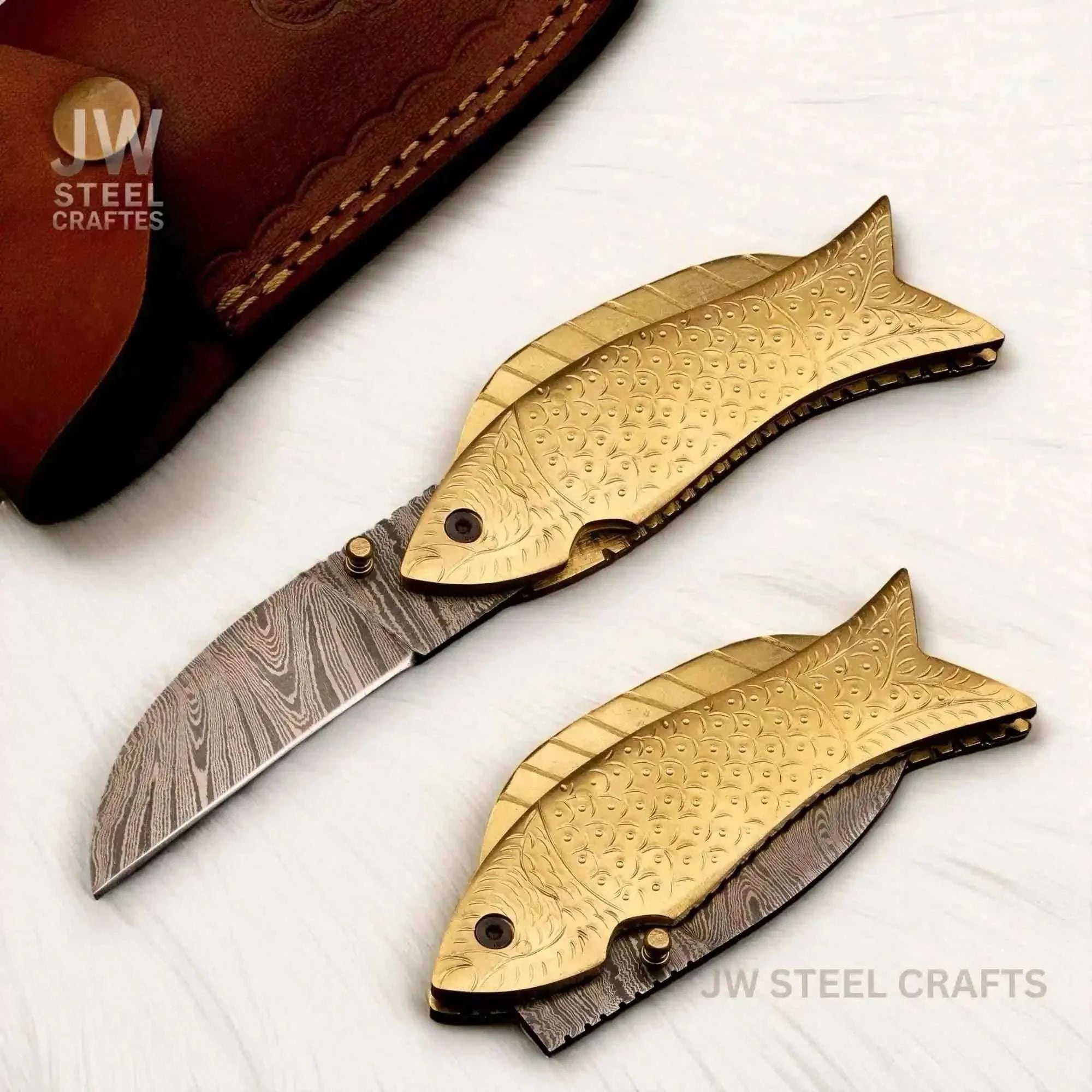 Palmarius Outdoors Gold Fish Folding Knife with Engraved Brass Fish Handle Liner Lock Folder
