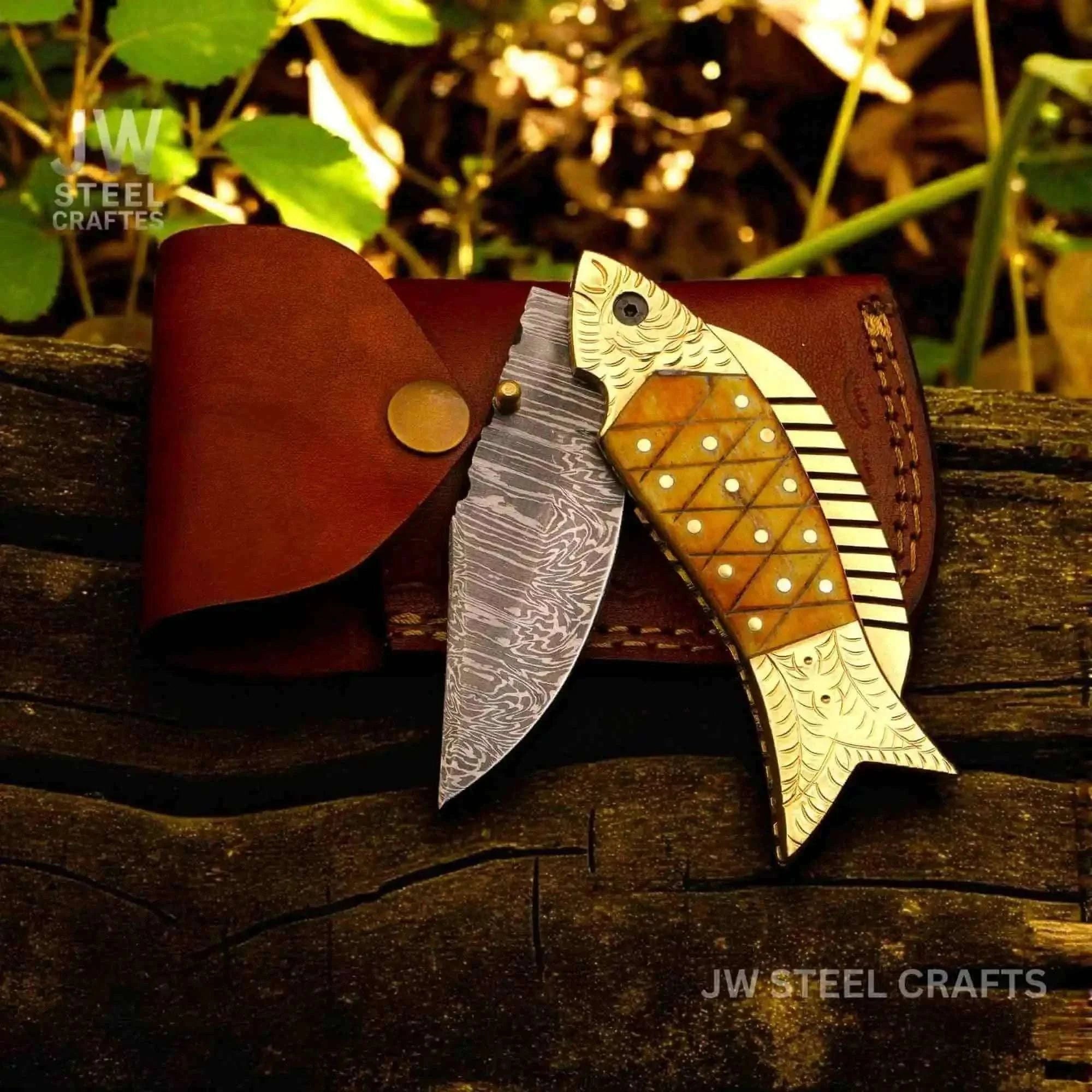Palmarius Outdoors Damascus Fish Folding Knife with Bone Handle and Leather Sheath Liner Lock Folder