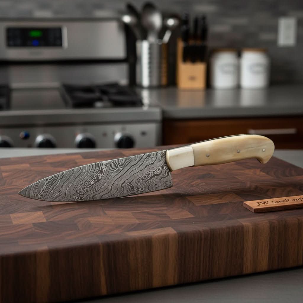 Palmarius Outdoors Gyuto Knife, Handmade Damascus Steel Blade, White Bone Handle with Steel Bolster, Full Tang Japanese Chef Knife, JW SteelCrafts Damascus Steel Chef Knives
