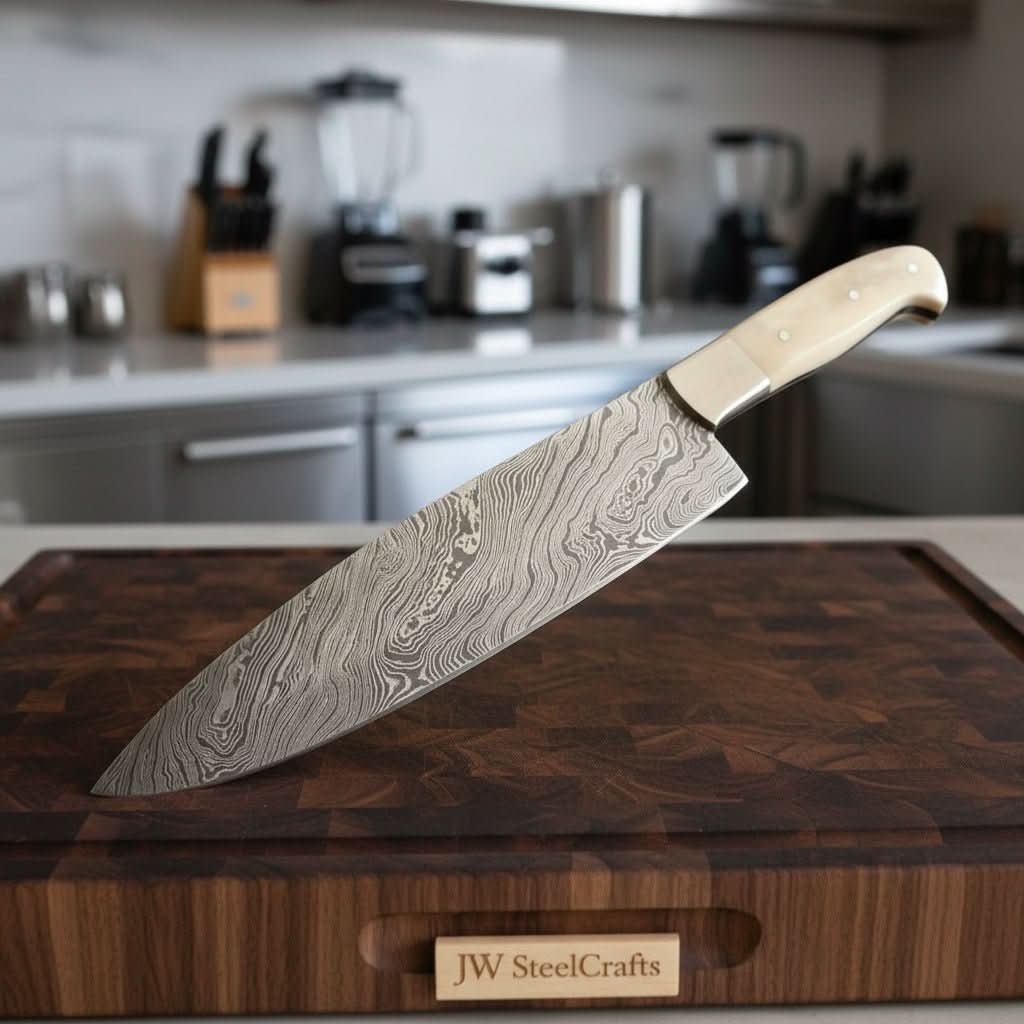 Palmarius Outdoors Gyuto Knife, Handmade Damascus Steel Blade, White Bone Handle with Steel Bolster, Full Tang Japanese Chef Knife, JW SteelCrafts Damascus Steel Chef Knives