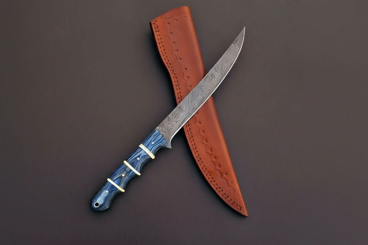 Palmarius Outdoors Handcrafted Damascus Steel Fish Fillet Knife with Blue Pakka Wood Handle and Leather Sheath Handmade Fillet Knives