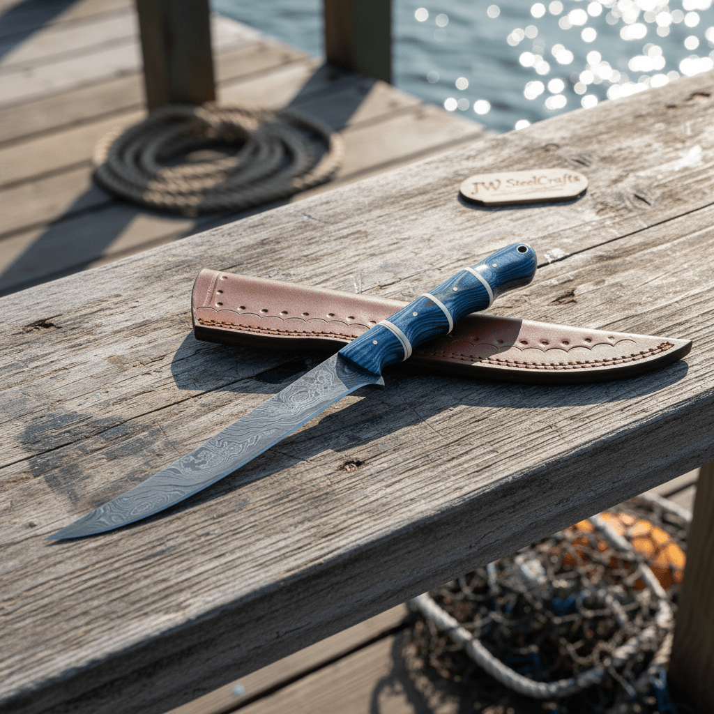 Palmarius Outdoors Handcrafted Damascus Steel Fish Fillet Knife with Blue Pakka Wood Handle and Leather Sheath Handmade Fillet Knives