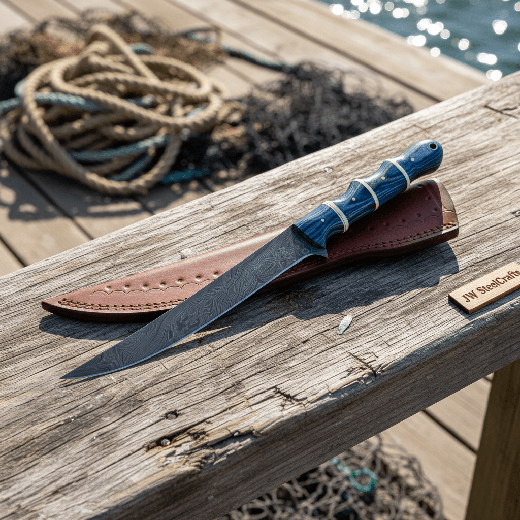 Palmarius Outdoors Handcrafted Damascus Steel Fish Fillet Knife with Blue Pakka Wood Handle and Leather Sheath Handmade Fillet Knives