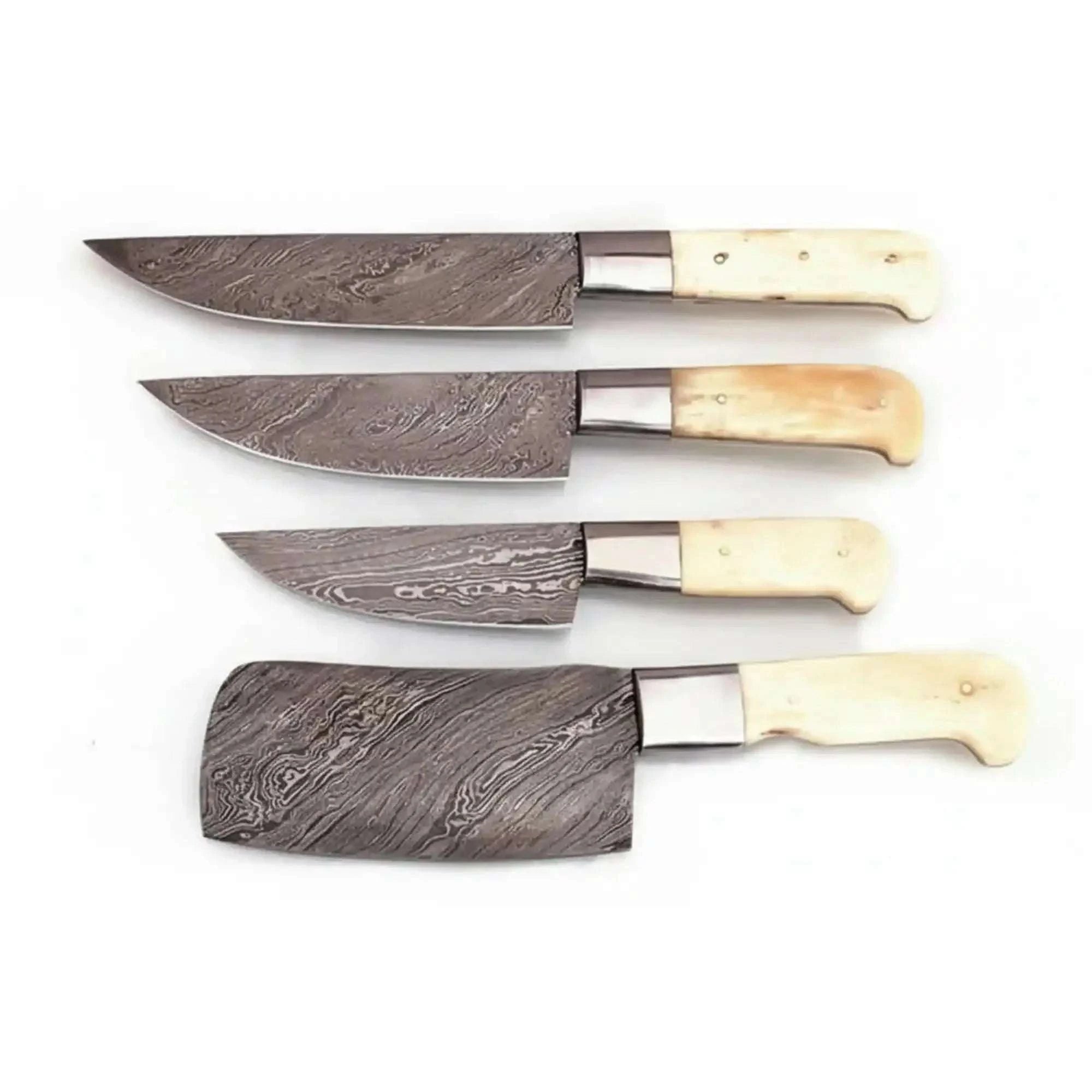 Palmarius Outdoors 4-Piece Damascus chef Knife Set with White Camel Bone Handles Handmade Chef Knife Sets