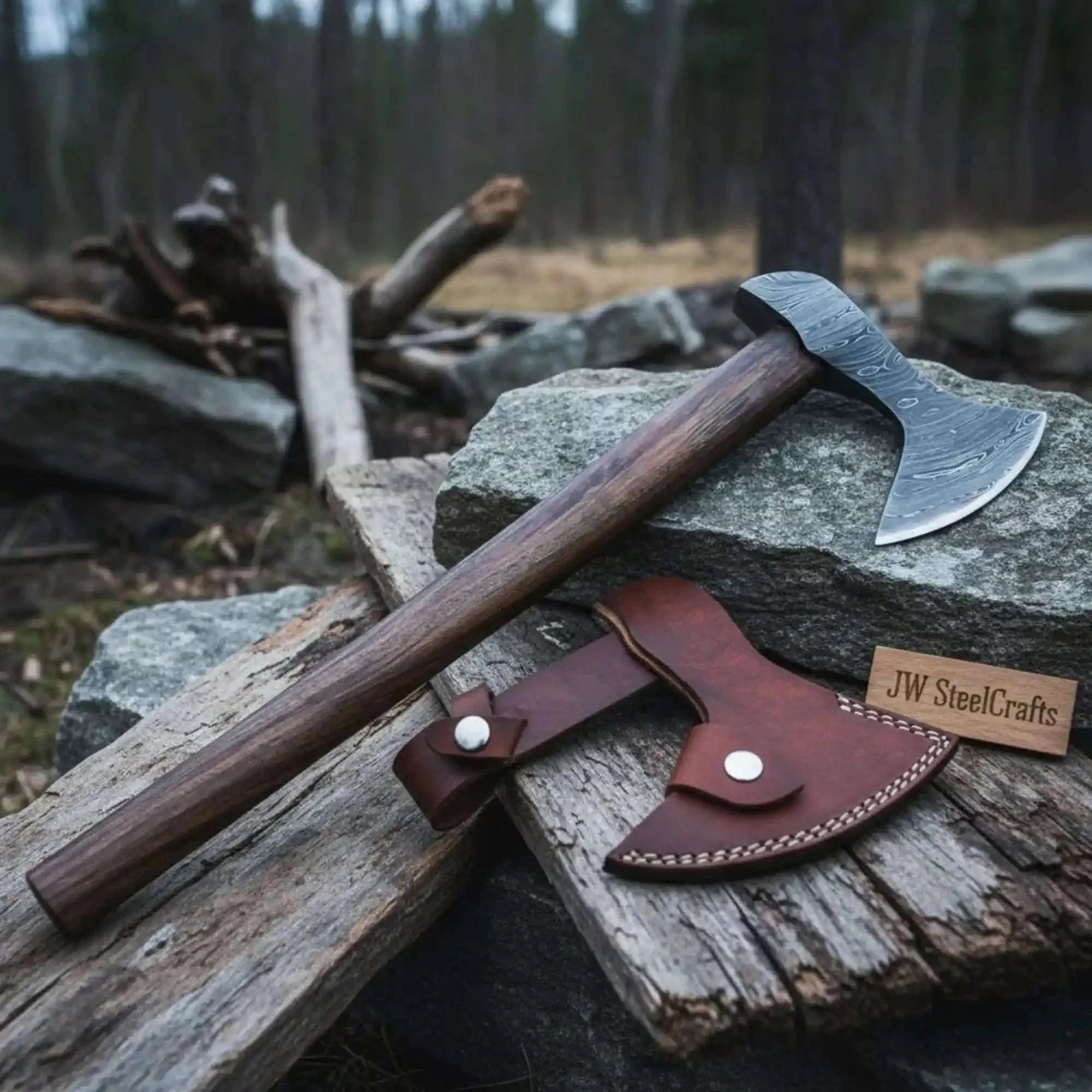 Palmarius Outdoors Custom Handmade Damascus Steel Burl Wood Axe Hatchet Tomahawk Handmade Axe
