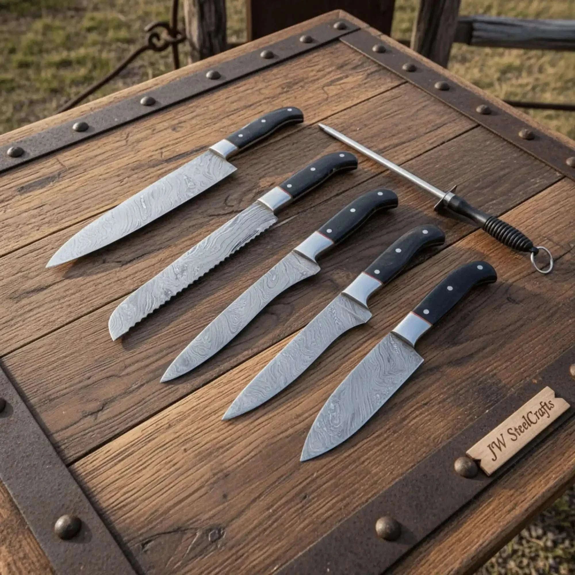 Palmarius Outdoors 5-Piece Damascus Knife Set with Honing Rod and Black Handles Handmade Chef Knife Sets