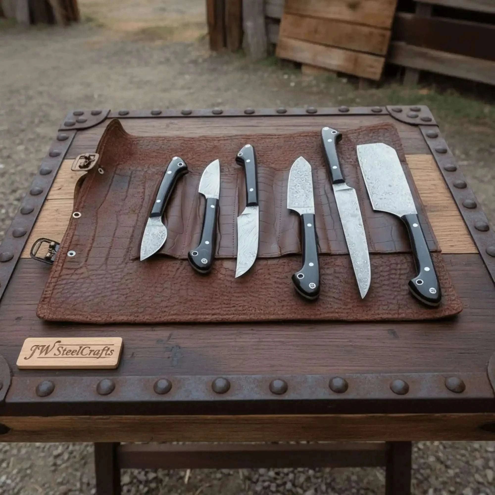 Palmarius Outdoors 6-Piece Damascus Kitchen Knife Set with Leather Roll — Black Resin Handles, Steel Bolsters, 7 to 10 Inch Blades | JW Steel Crafts Handmade Chef Knife Sets
