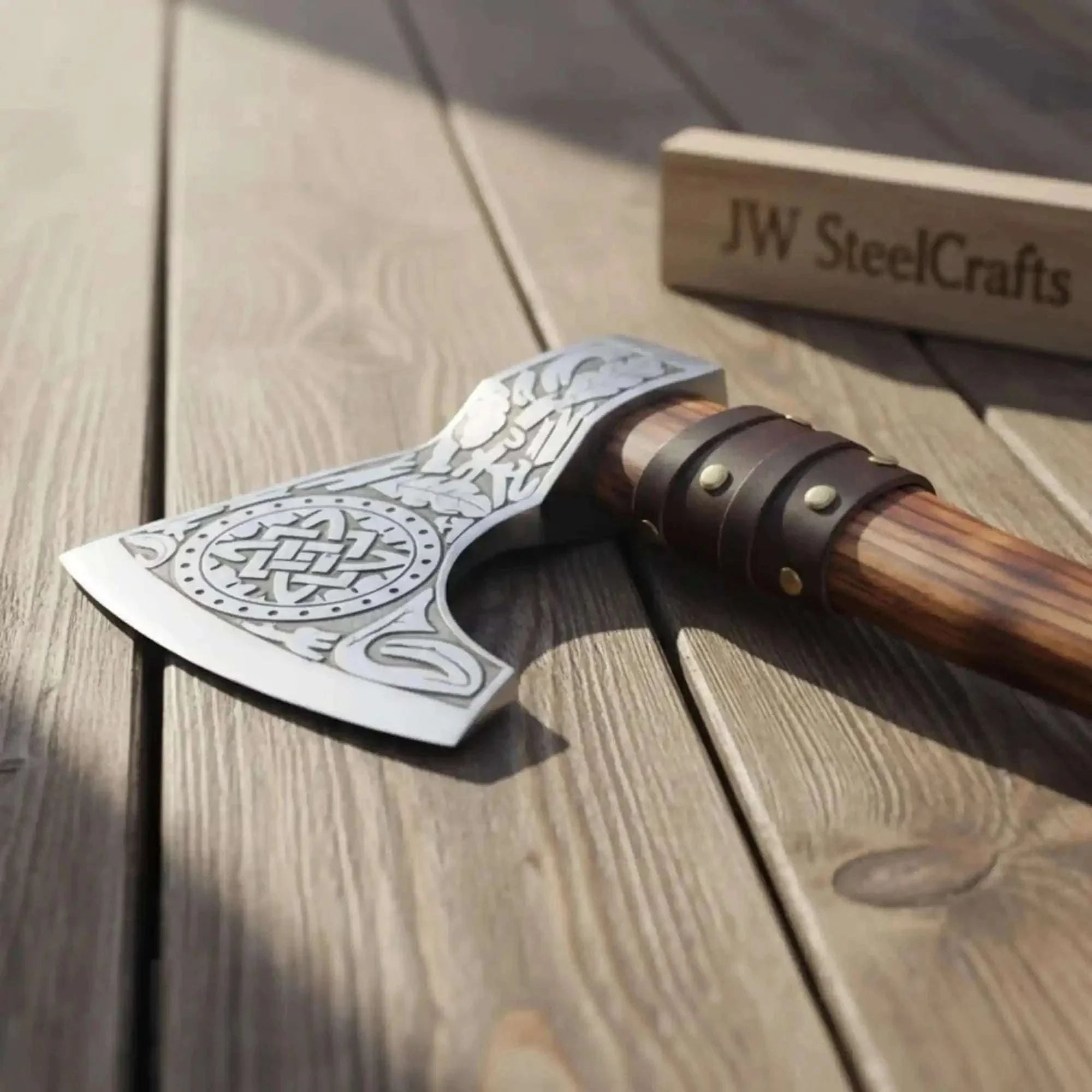 Palmarius Outdoors Handcrafted Viking Bearded Axe Engraved Blade Wolf Carved Wooden Handle Functional Sharp Edge