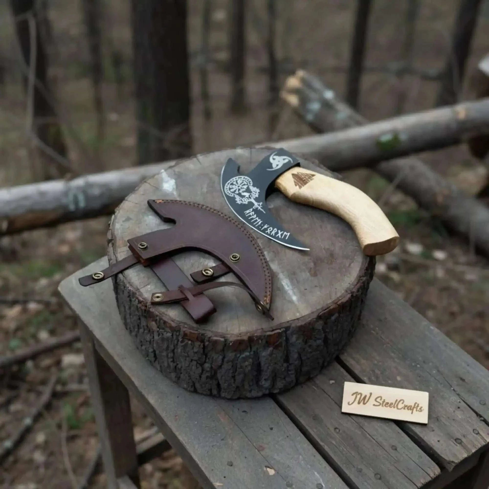 Palmarius Outdoors Viking Rune Engraved Bearded Axe Pizza Cutter — Carbon Steel Blade, Ash Wood Handle Pizza Cutter