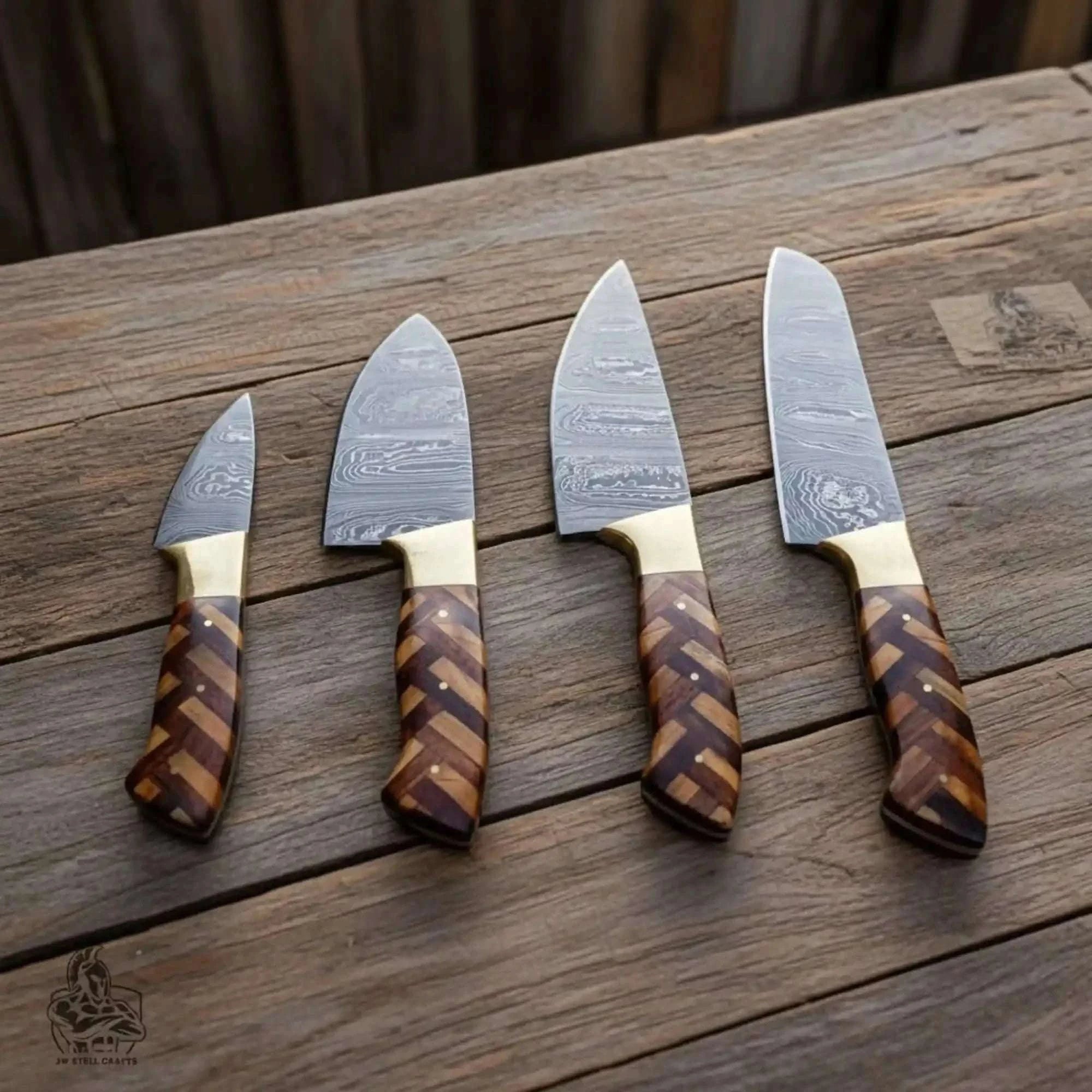 Palmarius Outdoors Custom Made Chef Knife Set with 4-Piece Damascus Blades and Chevron Wood Handles Handmade Chef Knife Sets