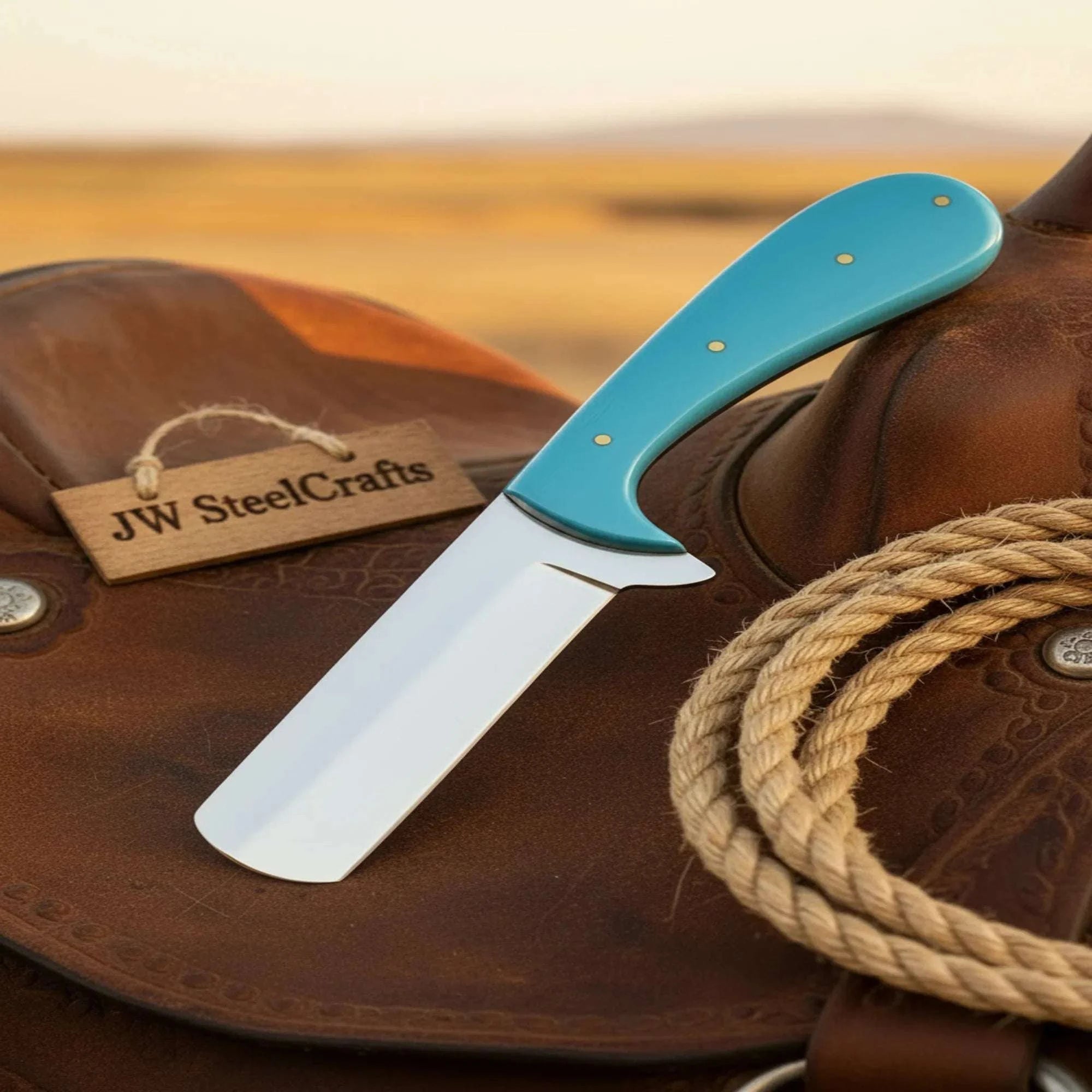 Palmarius Outdoors Teal Horn Bull Cutter Knife 9"Sheepsfoot Blade Turquoise Handle Hand Tooled Sheath Hunting Knife