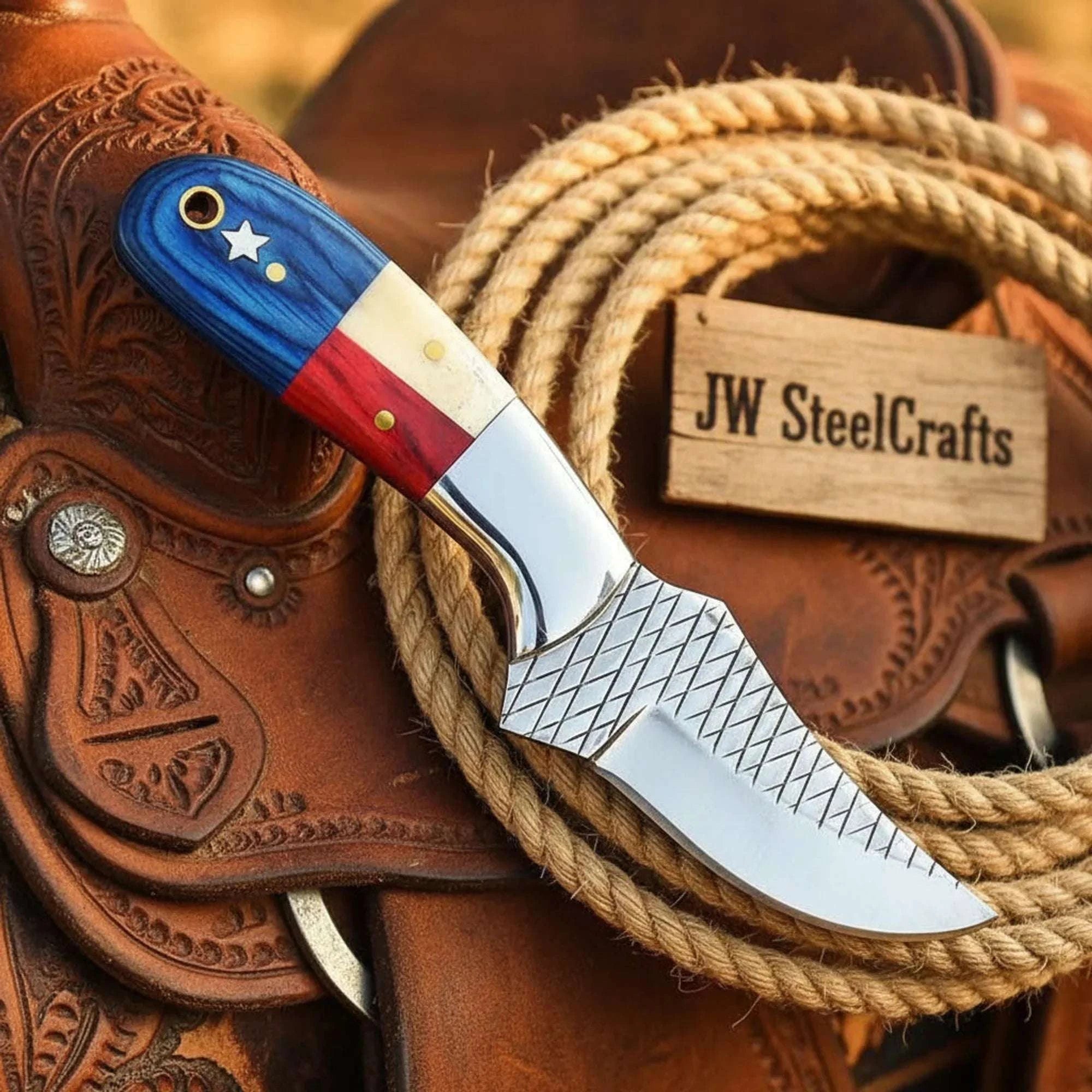 Palmarius Outdoors Handmade Cowboy Texas Flag Knife Skinner Blue Pakka Wood Handle Full Tang Fixed Blade